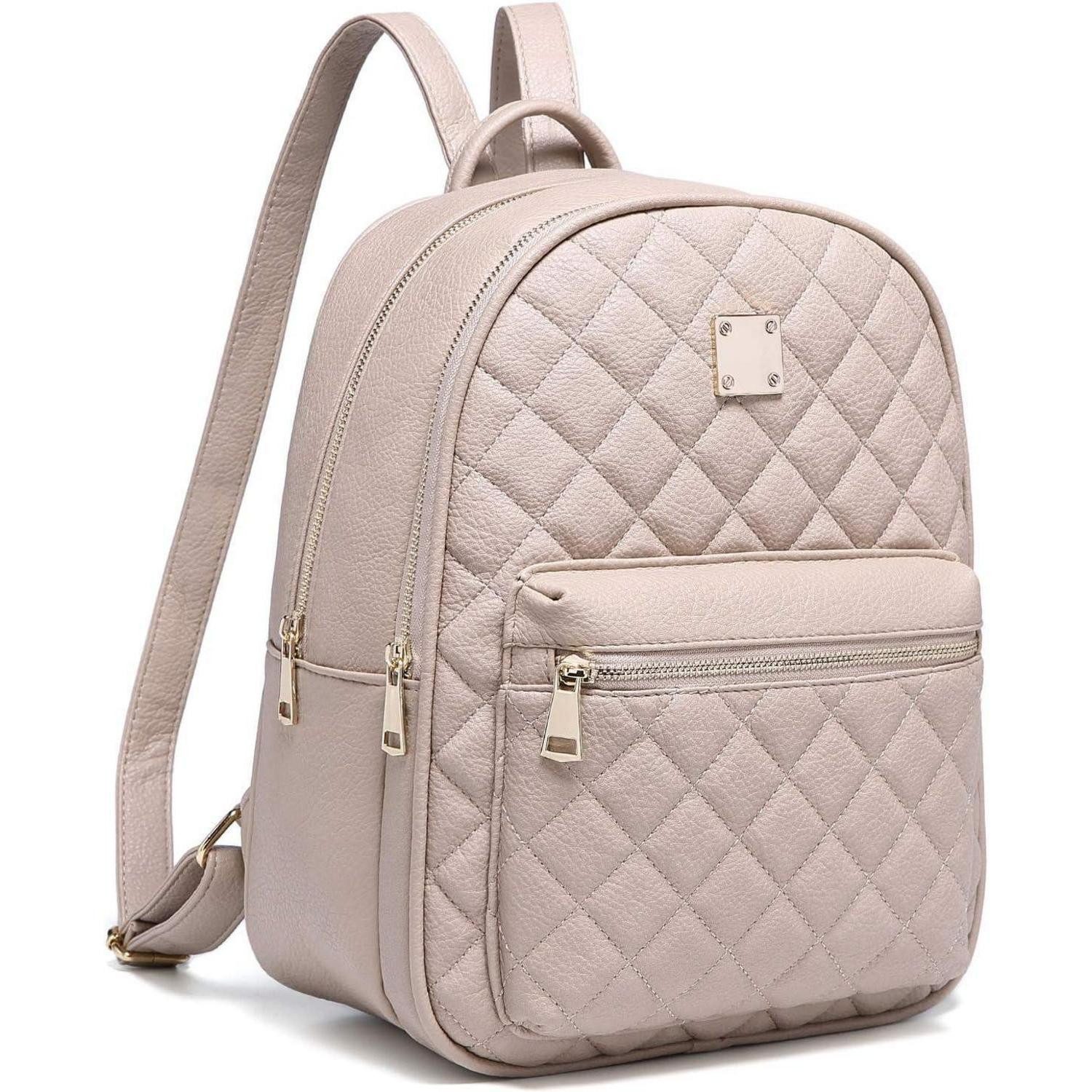 Daypack Damen Leder PU Rucksack Klein Lingge Design Tagesrucksack Beige