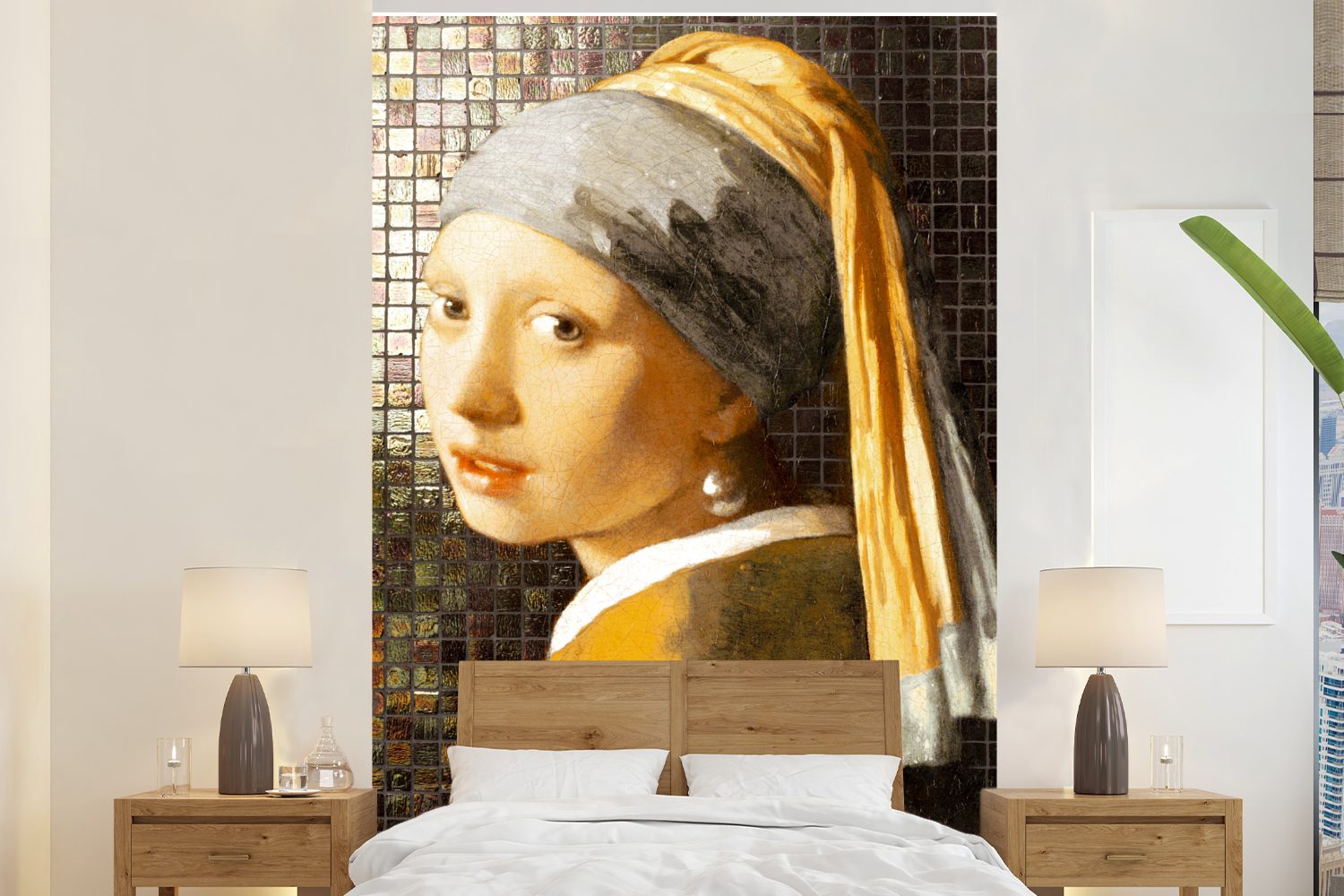 MuchoWow Fototapete Mädchen mit Perlenohrring - Johannes Vermeer - Mosaik, Matt, bedruckt, (3 St), Montagefertig Vinyl Tapete für Wohnzimmer, Wandtapete | Fototapeten