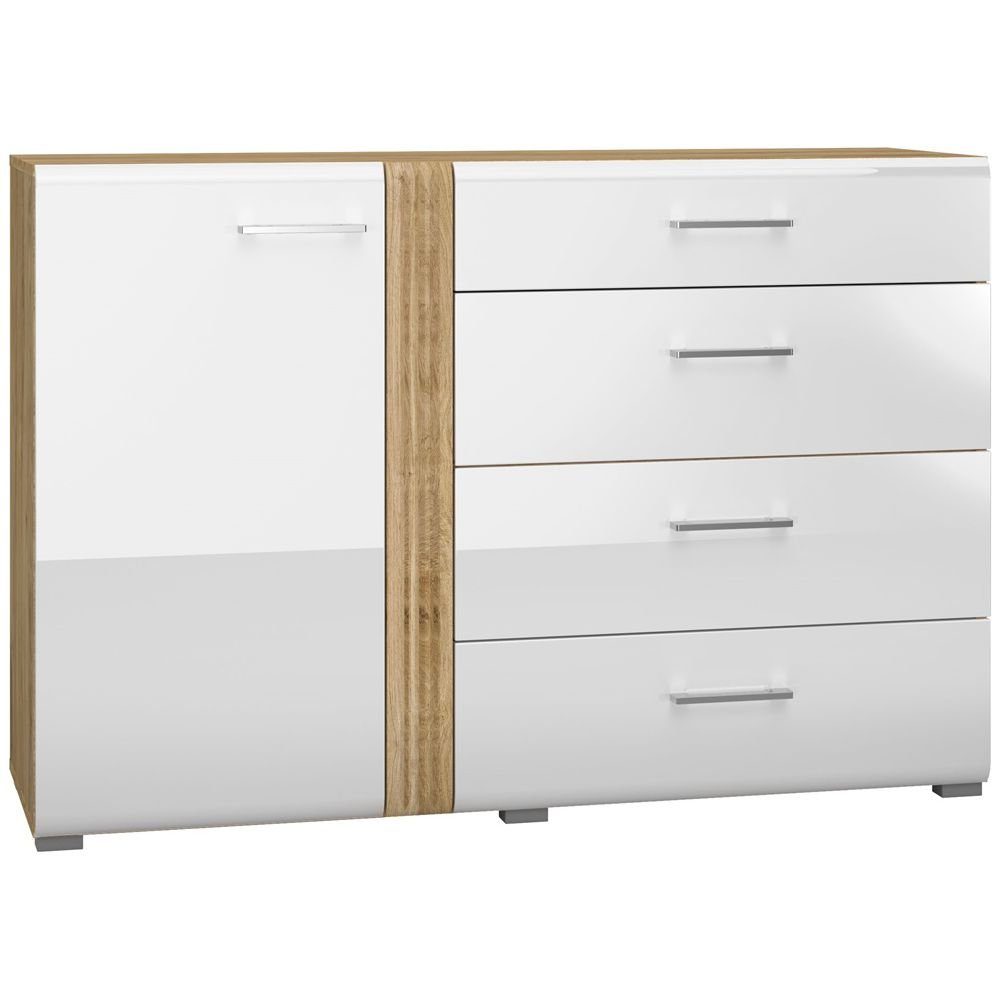 Lomadox Kommode AKRON-131, Sideboard in Eiche Nb. mit weiß Hochglanz, B/H/T: 134/90/42 cm