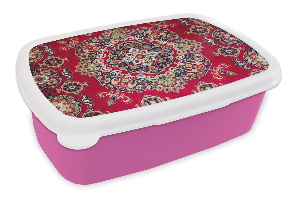 Kinder, Teppiche Rot, - Snackbox, Kunststoff, für - Brotdose Lunchbox MuchoWow Mandala Teppiche Mädchen, Brotbox (2-tlg), Persische - Kunststoff Erwachsene, rosa