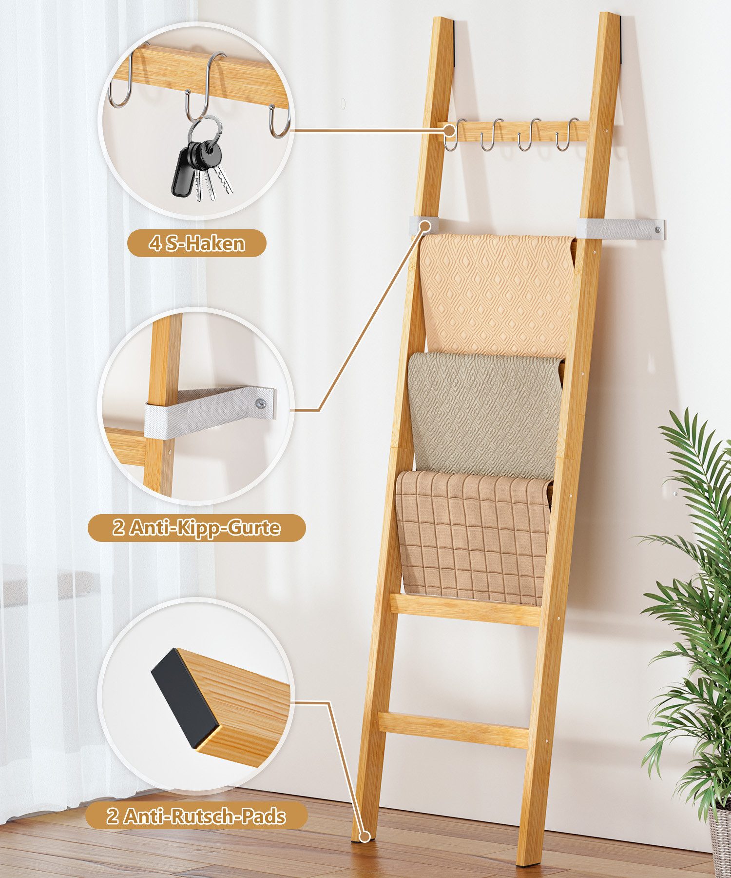 Yorbay Handtuchleiter Handtuchhalter Bambus, 6 Ebenen Leiterregal, 4 Haken und 2 Sicherheitsgurten, 43x170 cm, für Bad, Wohnzimmer – Bild 4 von 5