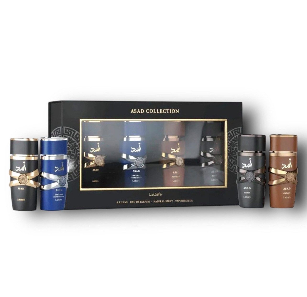Lattafa Eau de Parfum Asad Colletion, 4x25 ml, Geschenk Set, Herrenduft, Arabischeduft, Asad, Asad Bourbon, Asad Elixir, Asad Zanzibar