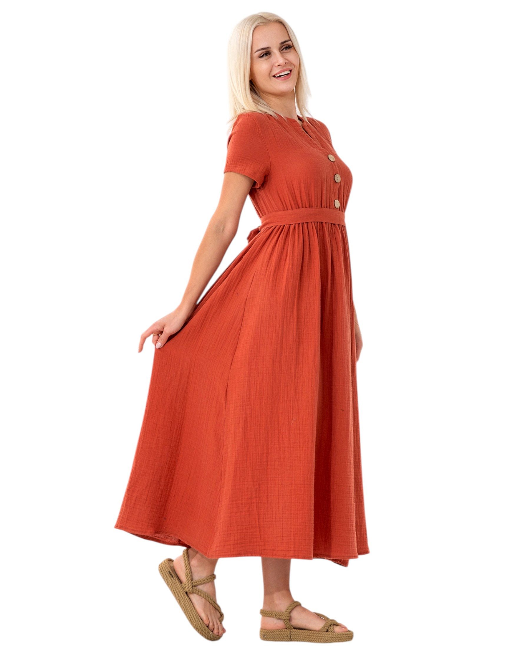 WENOR Sommerkleid Musselin Boho Kleid mit Knopfleiste & Taillenband, Freizeitkleid (1-tlg) Vorn mit Holzknöpfen, Bindegürtel an der Taille – Bild 4 von 5