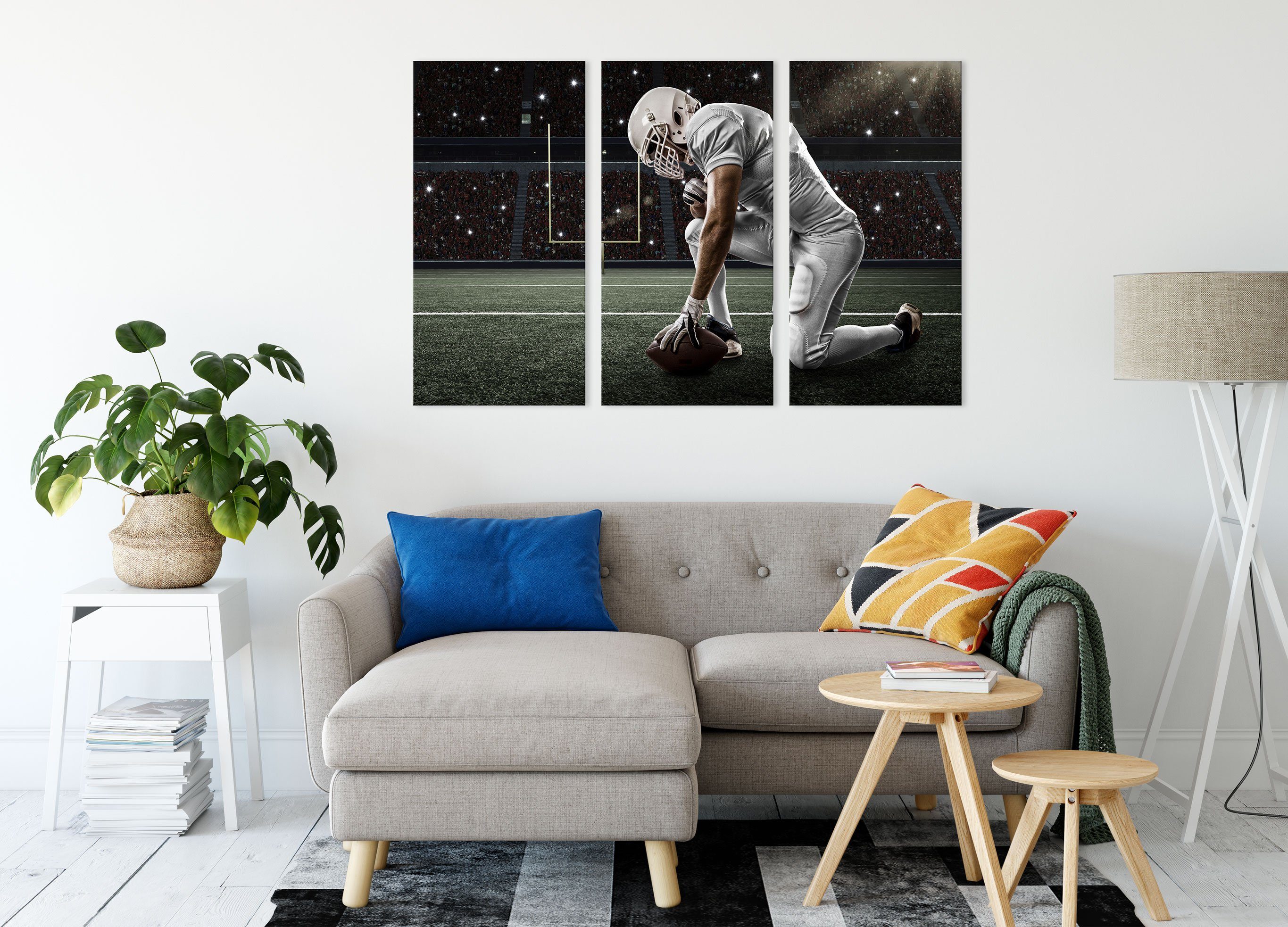Pixxprint Leinwandbild (120x80cm) Football-Spieler bespannt, 3Teiler inkl. Football-Spieler, (1 Leinwandbild St), knieender knieender fertig Zackenaufhänger