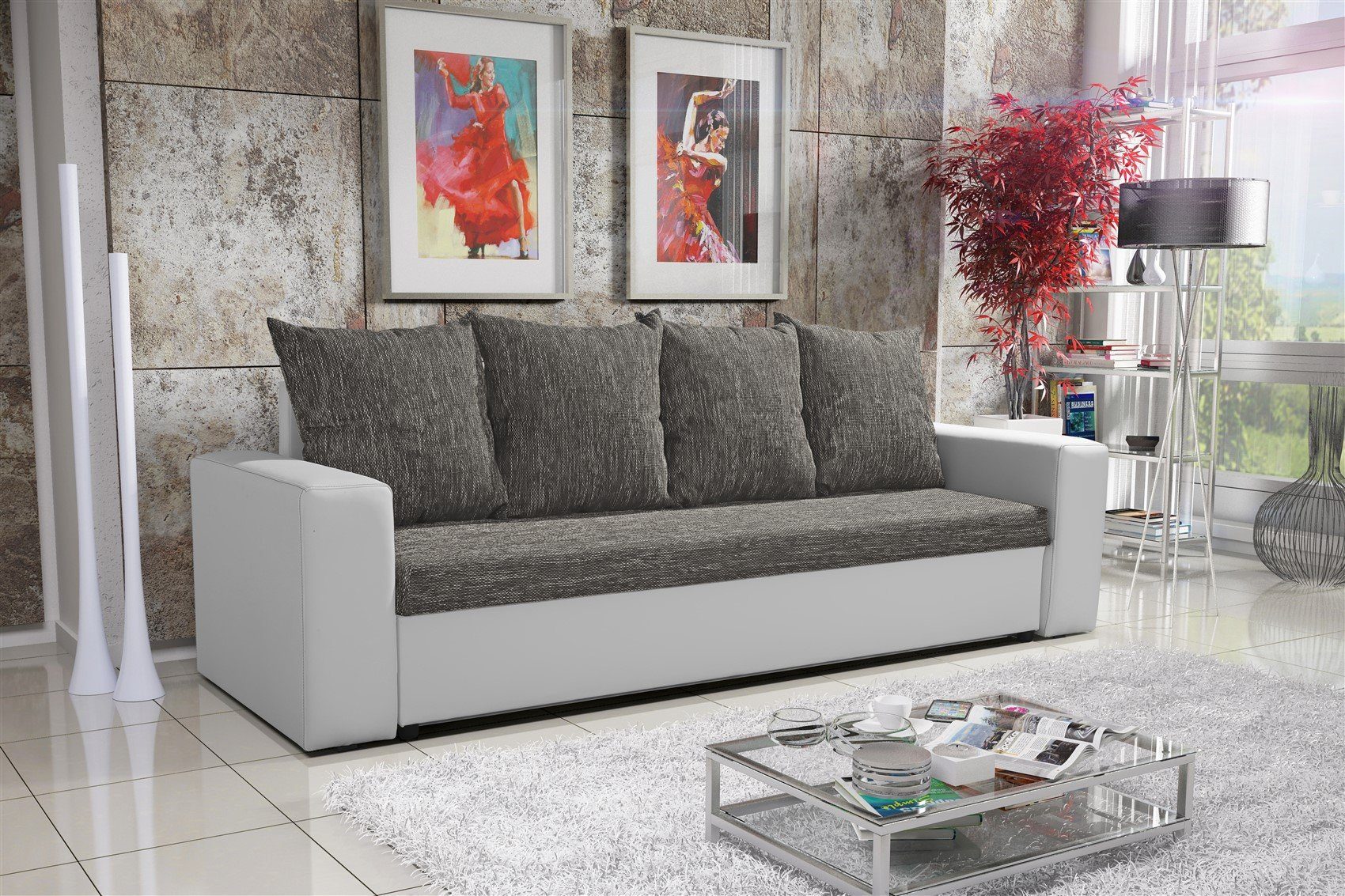 Rückenkissen, inkl. Fun 6 Bettkasten inkl. Sofagarnitur, NINA Sofa Weiß/Grau Möbel Sofa-Set 3-1-1