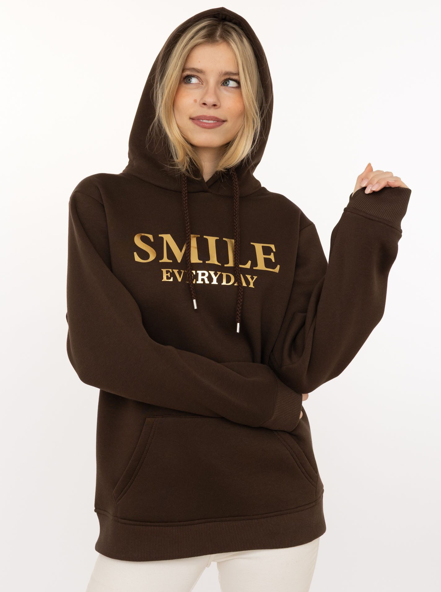 Zwillingsherz Hoodie "Smile Sparkle" glänzender Print, Fronttasche, Kapuze, Daumenloch