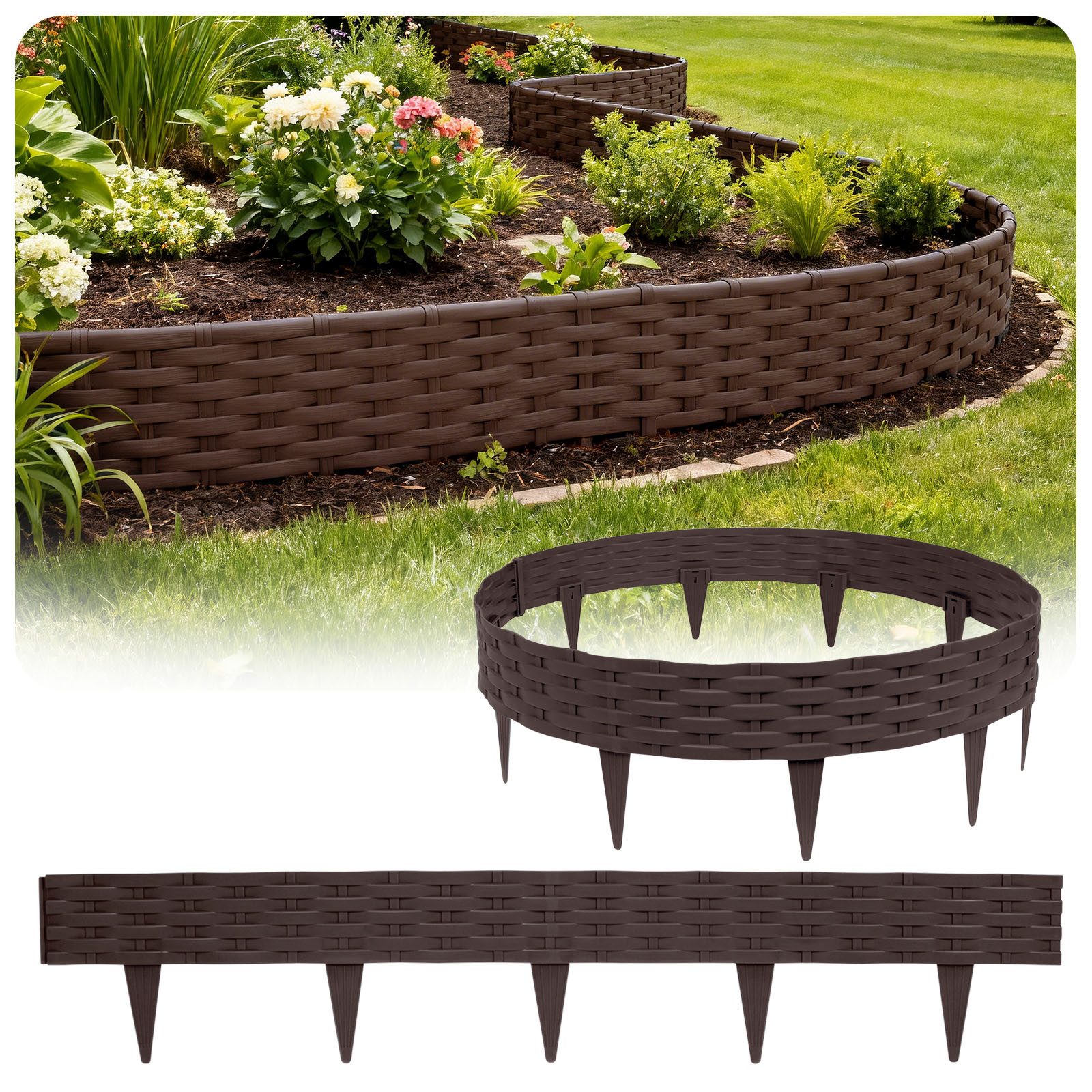 Huracan Beetumrandung Kunststoff Rasenkante Rattan-Optik, Beeteinfassung Beetumrandung Gartenpalisade, Wetterfeste UV-beständige Beetzaun Randsteine, Flexible Steckmontage für Blumenbeete Rasen Garten