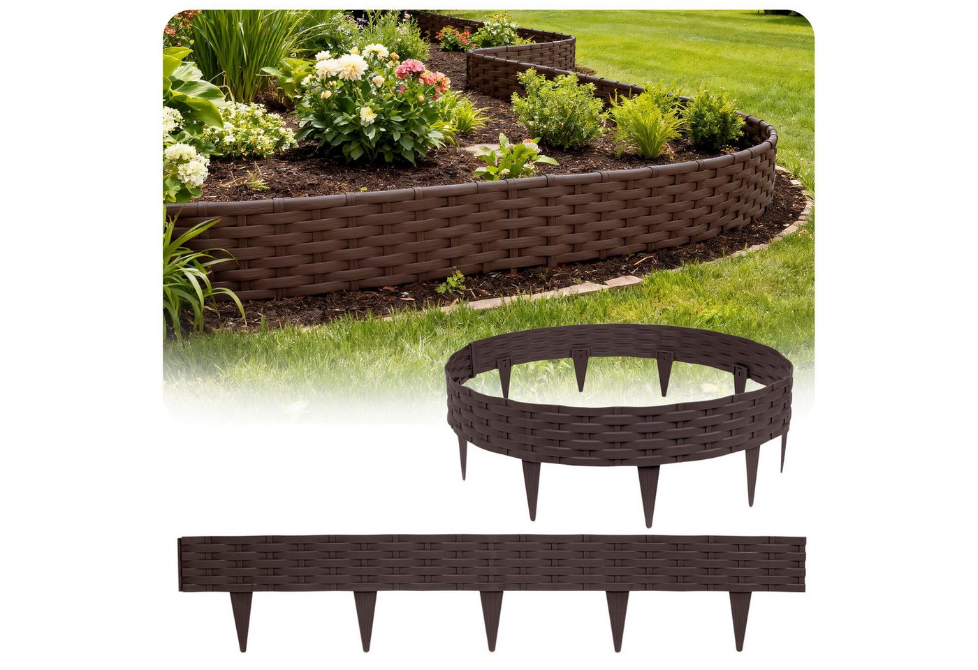 Huracan Beetumrandung Kunststoff Rasenkante Rattan-Optik, Beeteinfassung Beetumrandung Gartenpalisade, Wetterfeste UV-beständige Beetzaun Randsteine, Flexible Steckmontage für Blumenbeete Rasen Garten