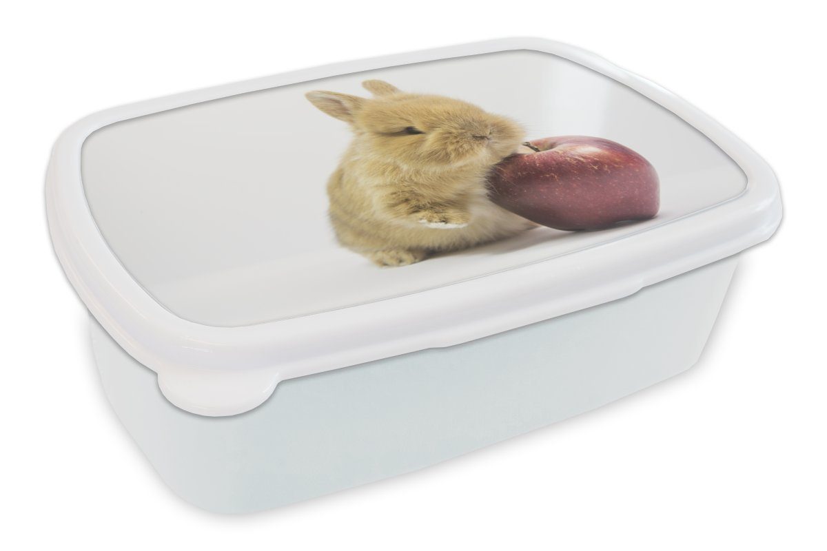 MuchoWow Lunchbox Kaninchen - Baby - Apfel, Kunststoff, (2-tlg), Brotbox für Kinder und Erwachsene, Brotdose, für Jungs und Mädchen weiß