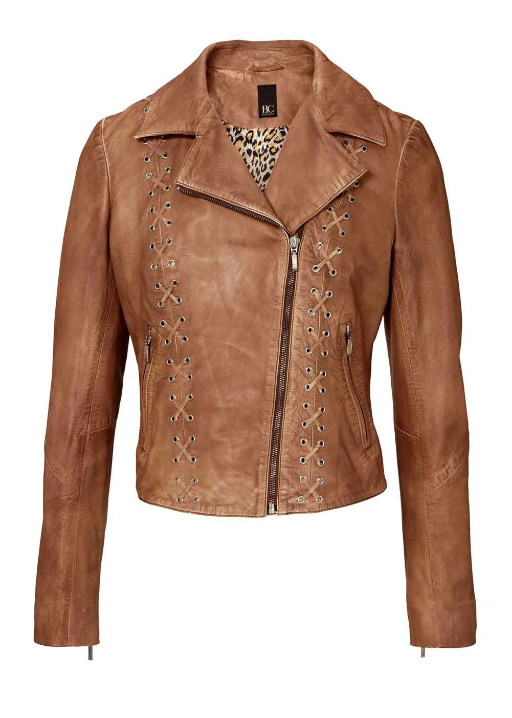 heine Lederjacke • Bikerjacke Best Connections • Ösen-Lederband-Schnürung, Futter mit attraktivem Leo-Print