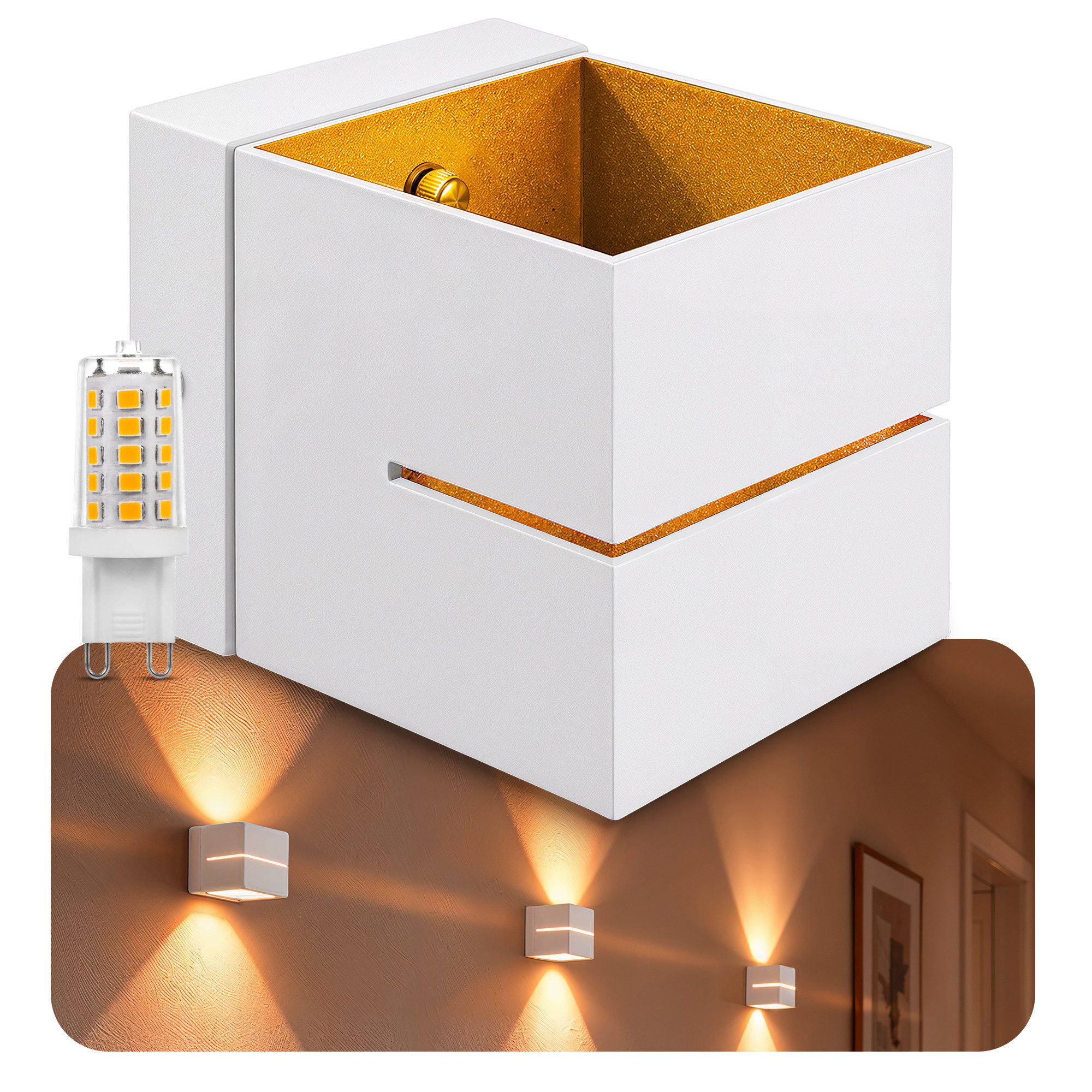 SSC-LUXon LED Wandleuchte KOURA Up Down Wandlampe weiß gold Lichtspalt mit G9 LED 3W, Warmweiß