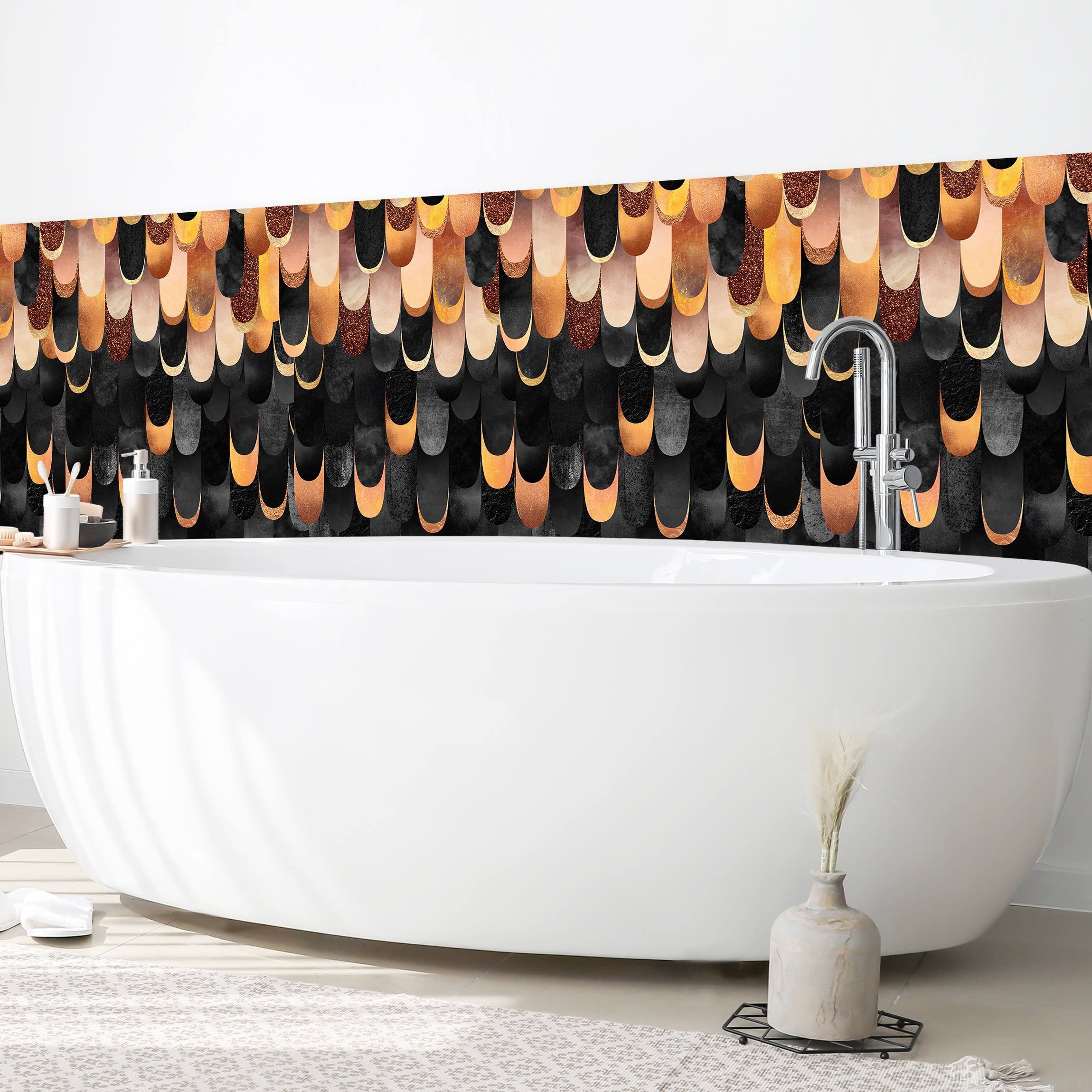 Bilderdepot24 Badrückwand gold fugenlose Wandverkleidung Bad Abstrakt, (Hartfolie matt » Selbstklebend SMART 0,35 mm), wasserfestes Wandpaneel Federn Bronze Schwarz II