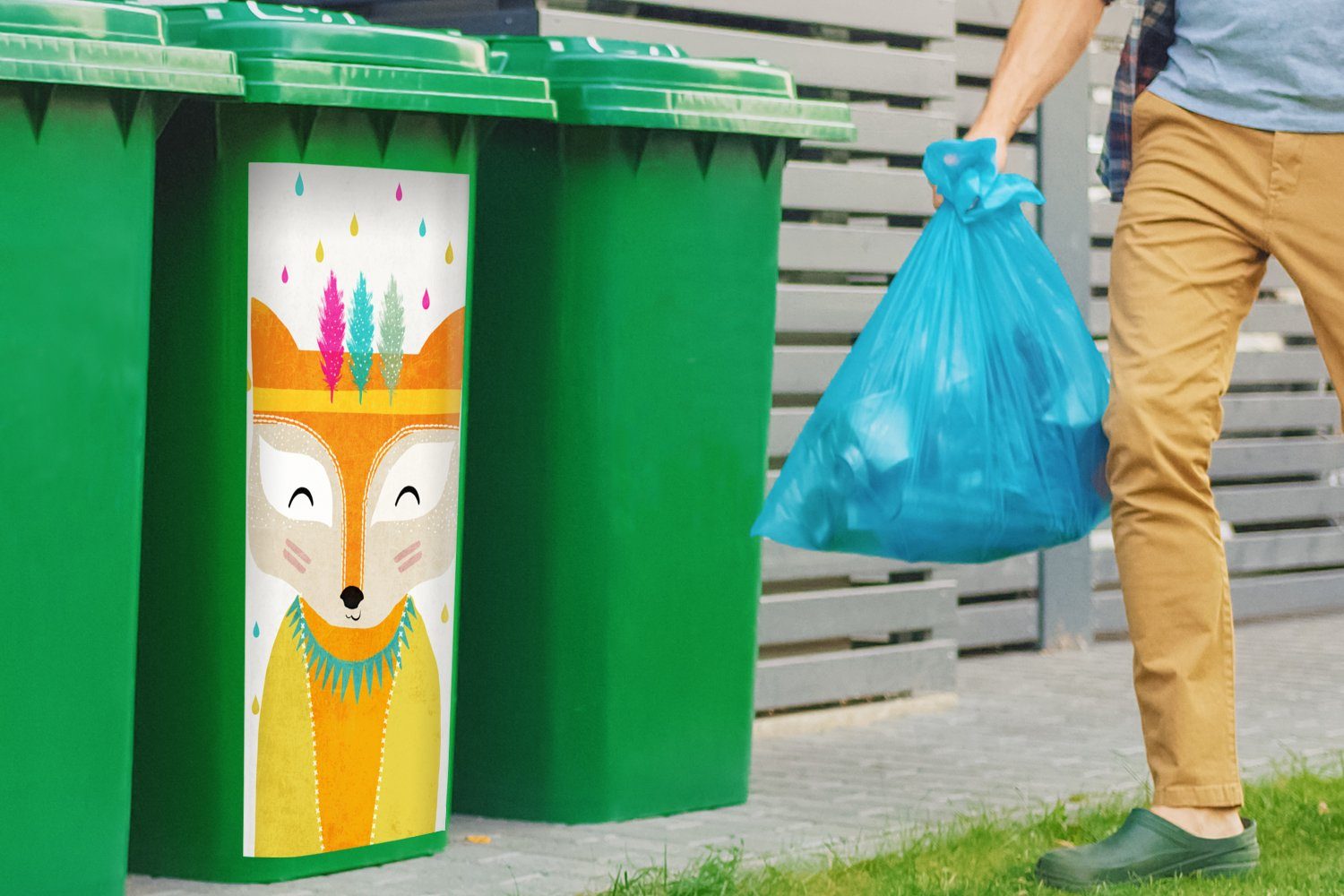Tiere Mülleimer-aufkleber, - Wandsticker (1 Sticker, MuchoWow Container, Fuchs - St), Abfalbehälter Porträt Mülltonne, Farben -