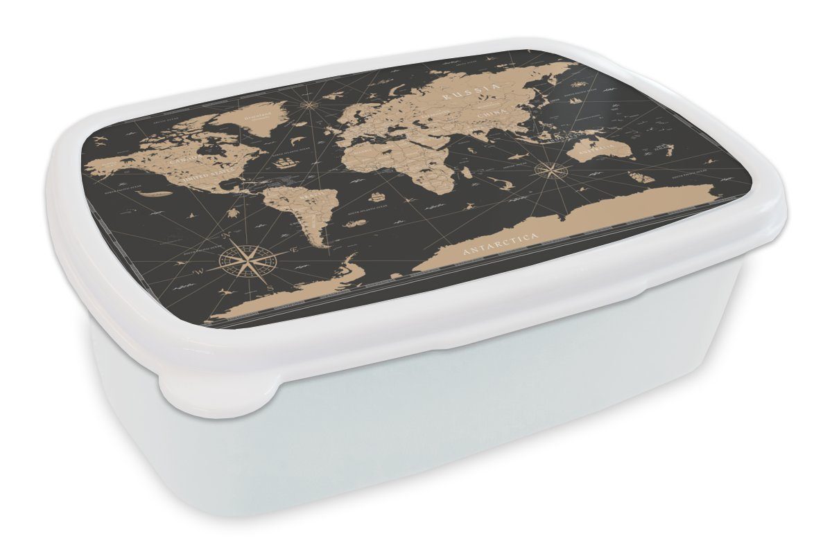 MuchoWow Lunchbox Karte - Welt - Braun, Kunststoff, (2-tlg), Brotbox für Kinder und Erwachsene, Brotdose, für Jungs und Mädchen weiß