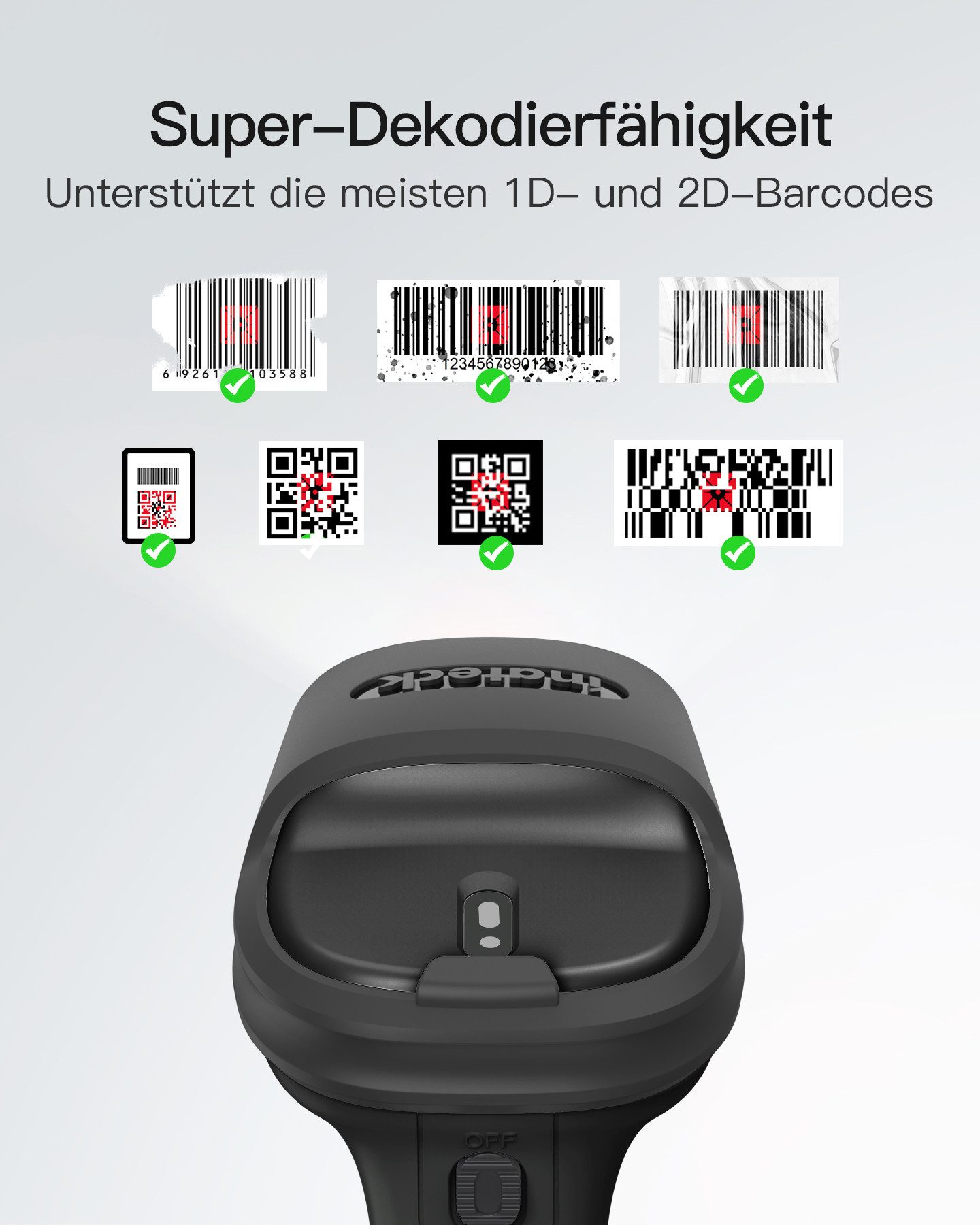 Inateck Barcode Scanner 2D Bluetooth, Kabellose QR Code Scanner Handscanner, (1 Ladung 180 Tage Standby)