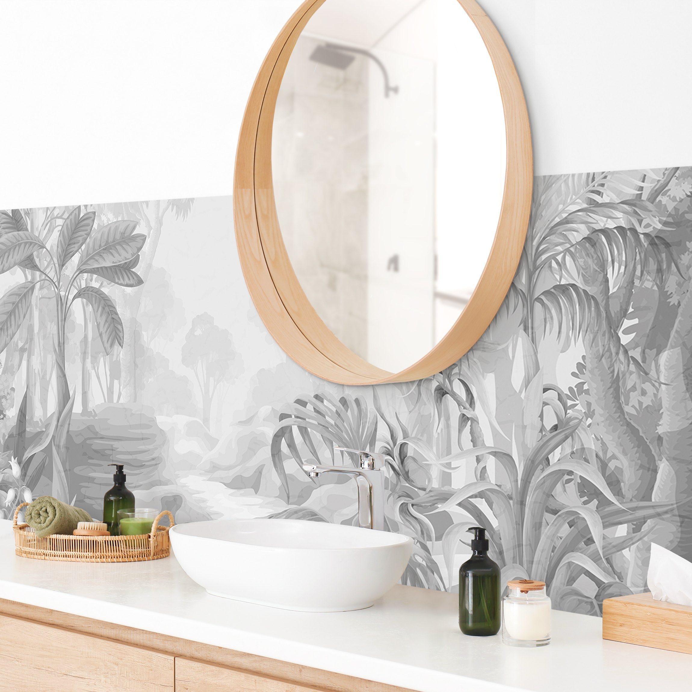 Bilderdepot24 Badrückwand grau fugenlose Wandverkleidung Bad Tropisch, (Hartfolie matt » Selbstklebend SMART 0,35 mm), wasserfestes Wandpaneel Grafischer Dschungel Schwarz-Weiß
