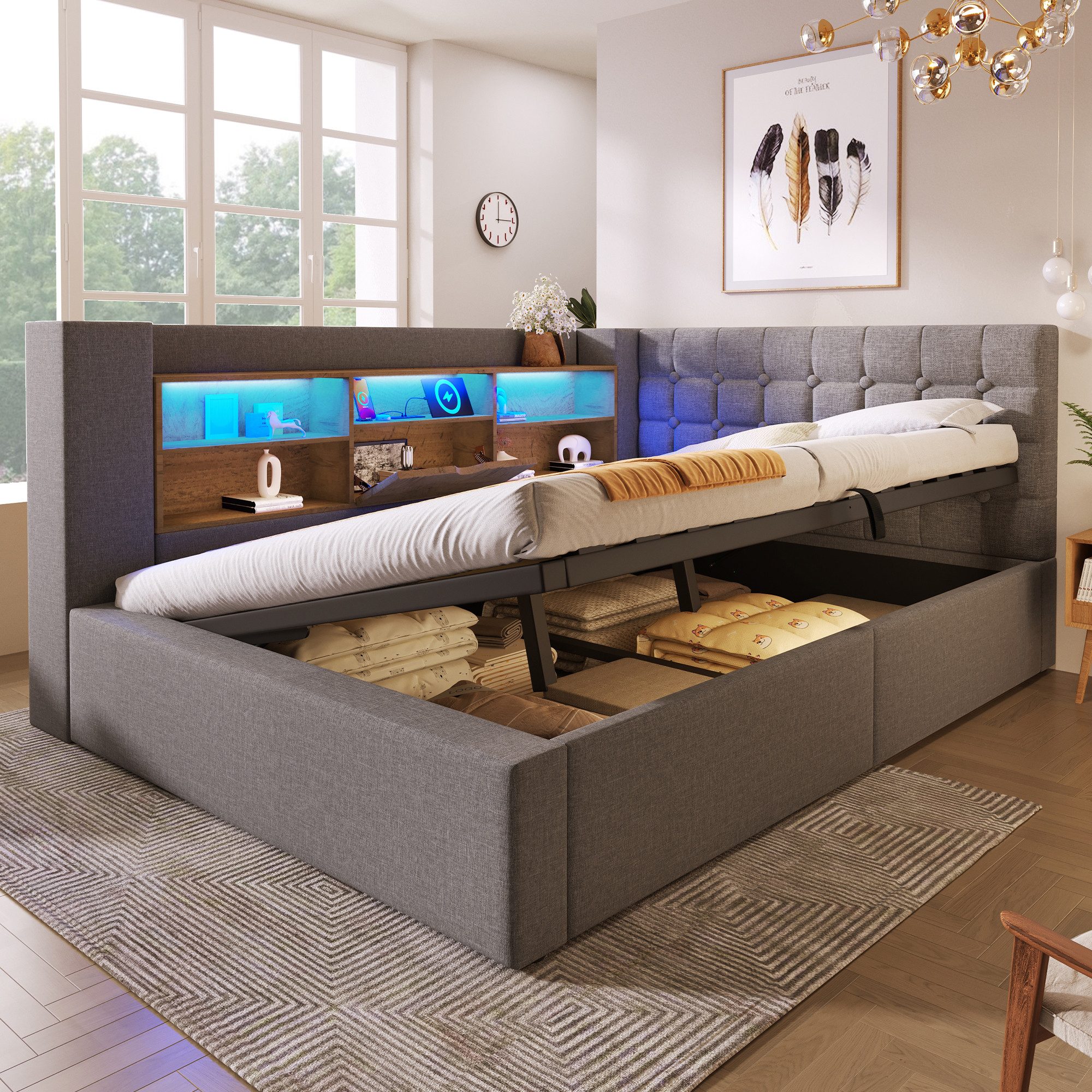 Polsterbett 140x200 Schlafsofa mit bettfunktion und bettkasten Tagesbett Grau