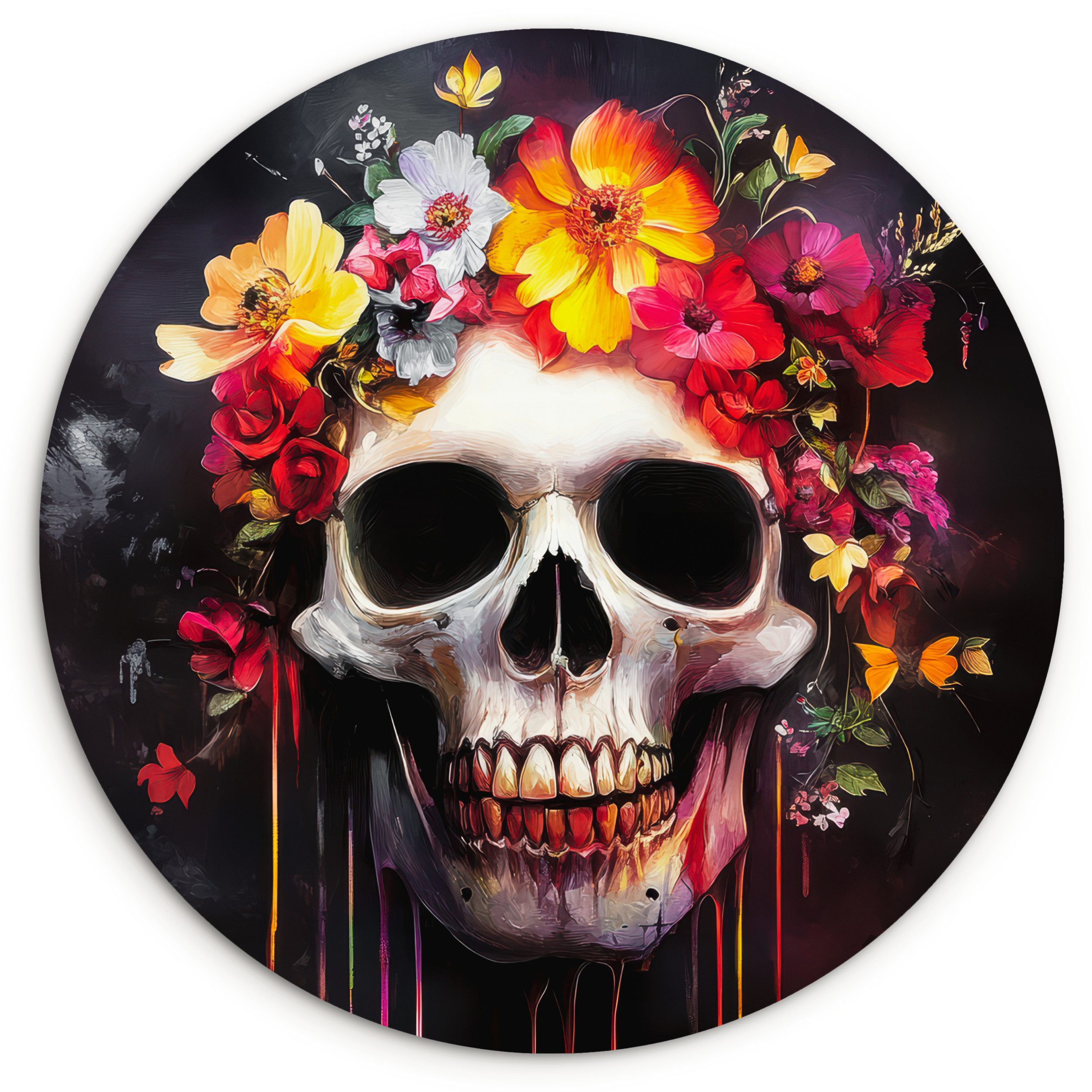 MuchoWow Gemälde Totenkopf - Blumen - Totenkopf - Blut - Bunt, Fotodruck (1 St), Kreis Wanddekoration, Rundes Wandbild, 30x30 cm