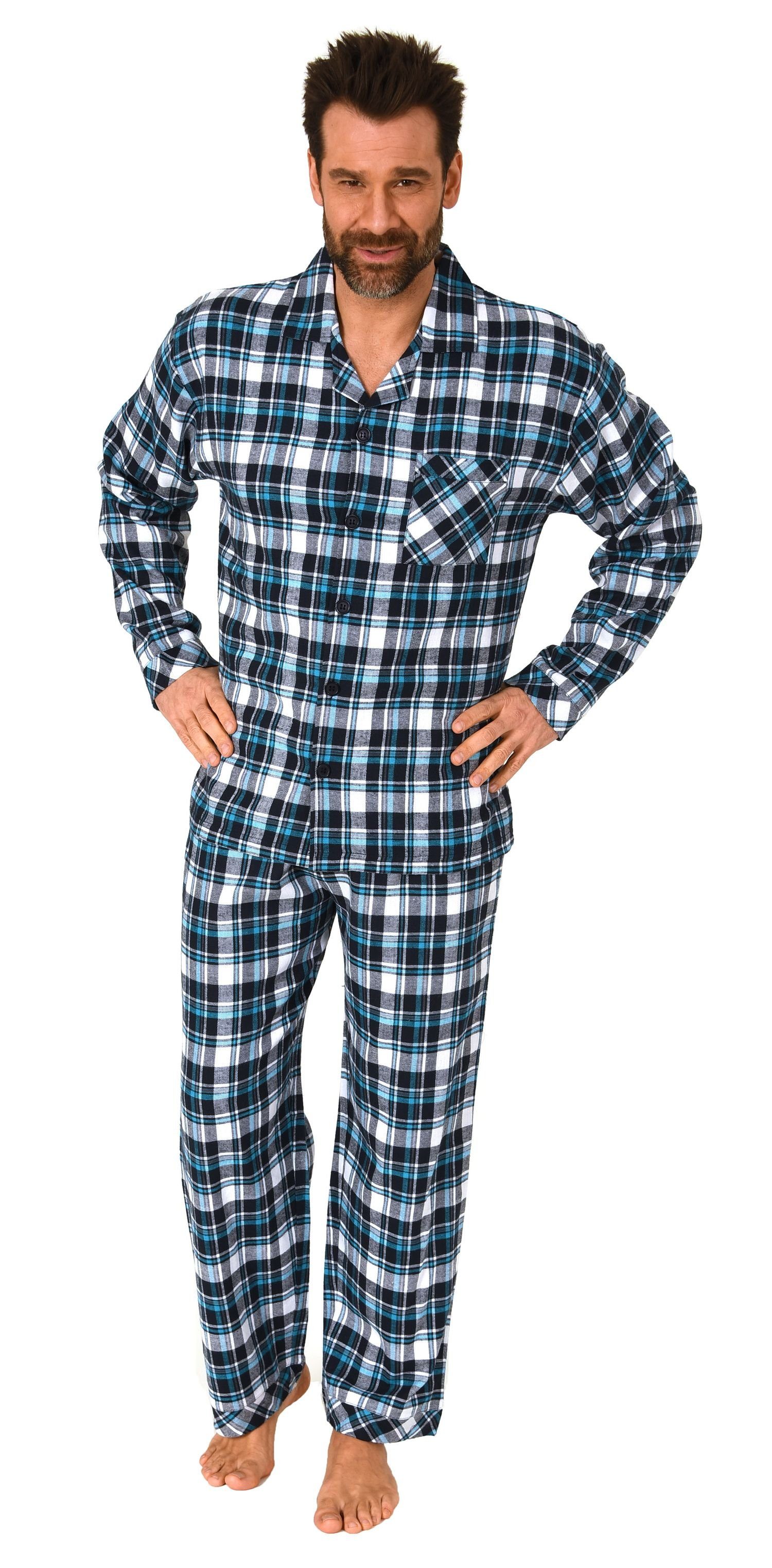 Normann Pyjama Herren Flanell Schlafanzug lang, durchknöpfbarer Pyjama in  toller Karo-Optik