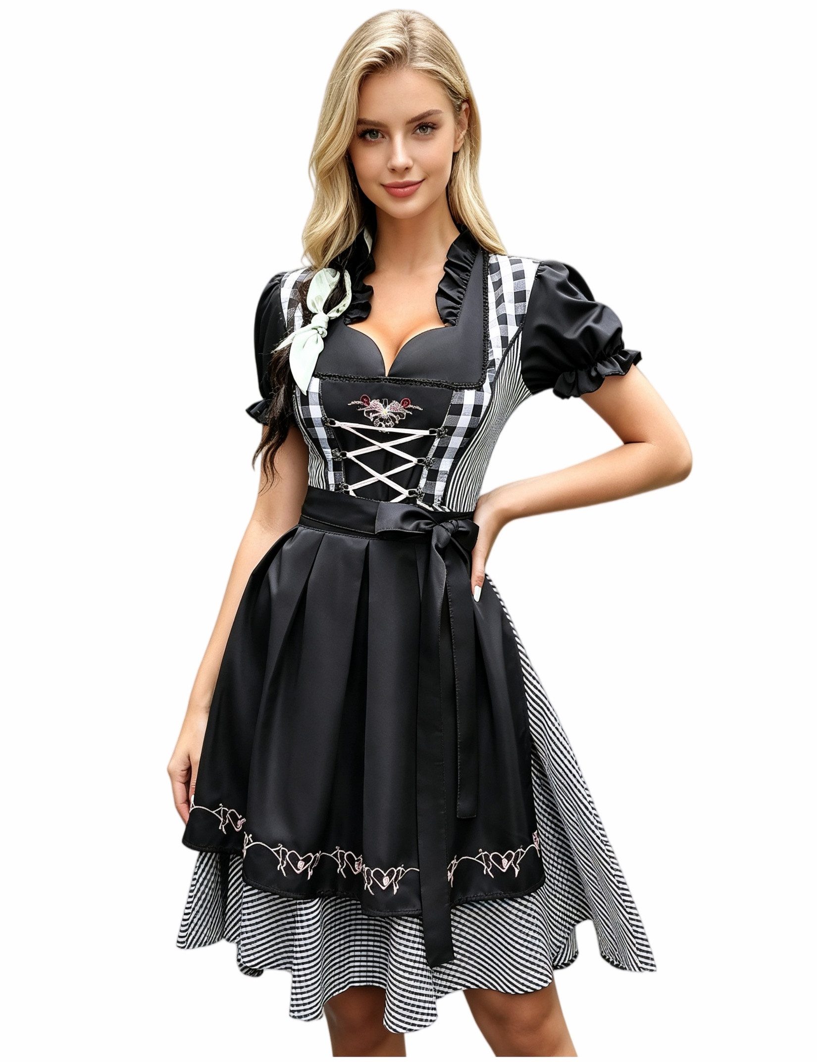 MODISFRAU Dirndl Damen 1tlg. Trachtenkleid Karomuster mit Puffärmel Bestickter Saum