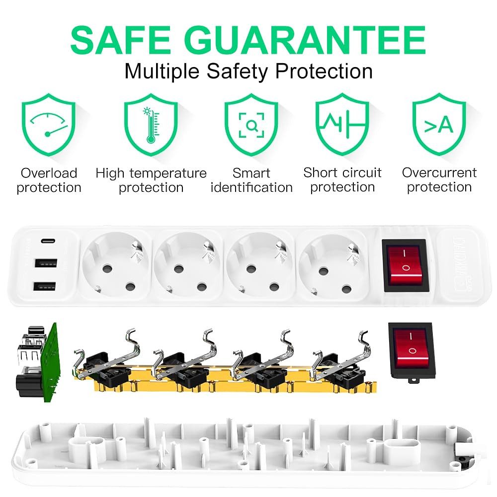LA CUTE Mehrfachsteckdose mit USB-C, 4 Steckplätzen & Schalter, 3500W Mehrfachsteckdose 7-fach (4 Steckplätze, 2 USB-Anschlüsse, 1 USB-C-Anschluss, Netzschalter, Überlastschutz, Kurzschlussschutz, Kindersicherung, Kabellänge 1.8 m), Mehrfachsteckdose mit Schnellladefunktion und Überlastschutz
