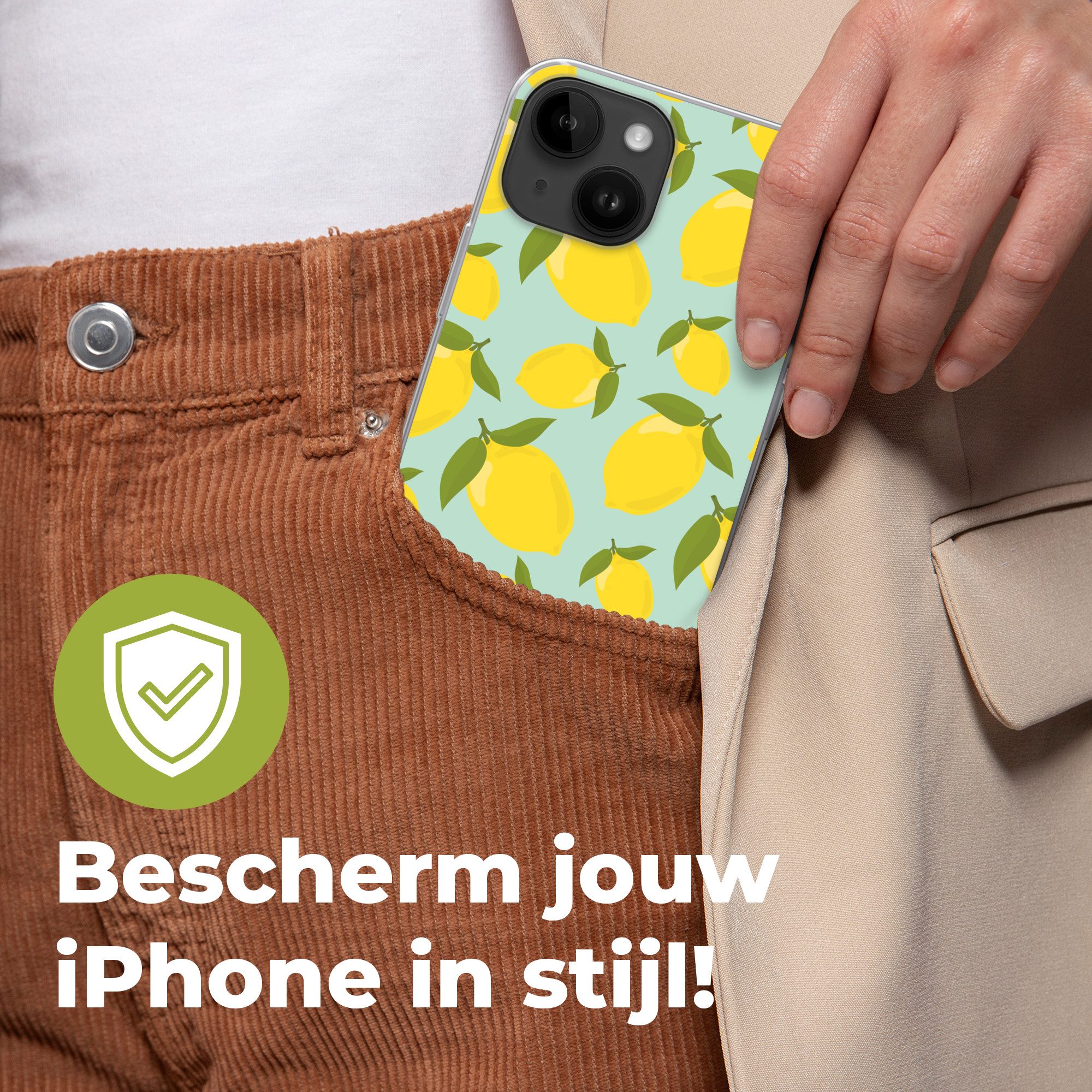 MuchoWow Handyhülle für Apple iPhone 14 Muster Zitronen - Gelb - Blau - Muster - Früchte, Smartphone-Bumper, Print, Handy Schutzhülle Dünn