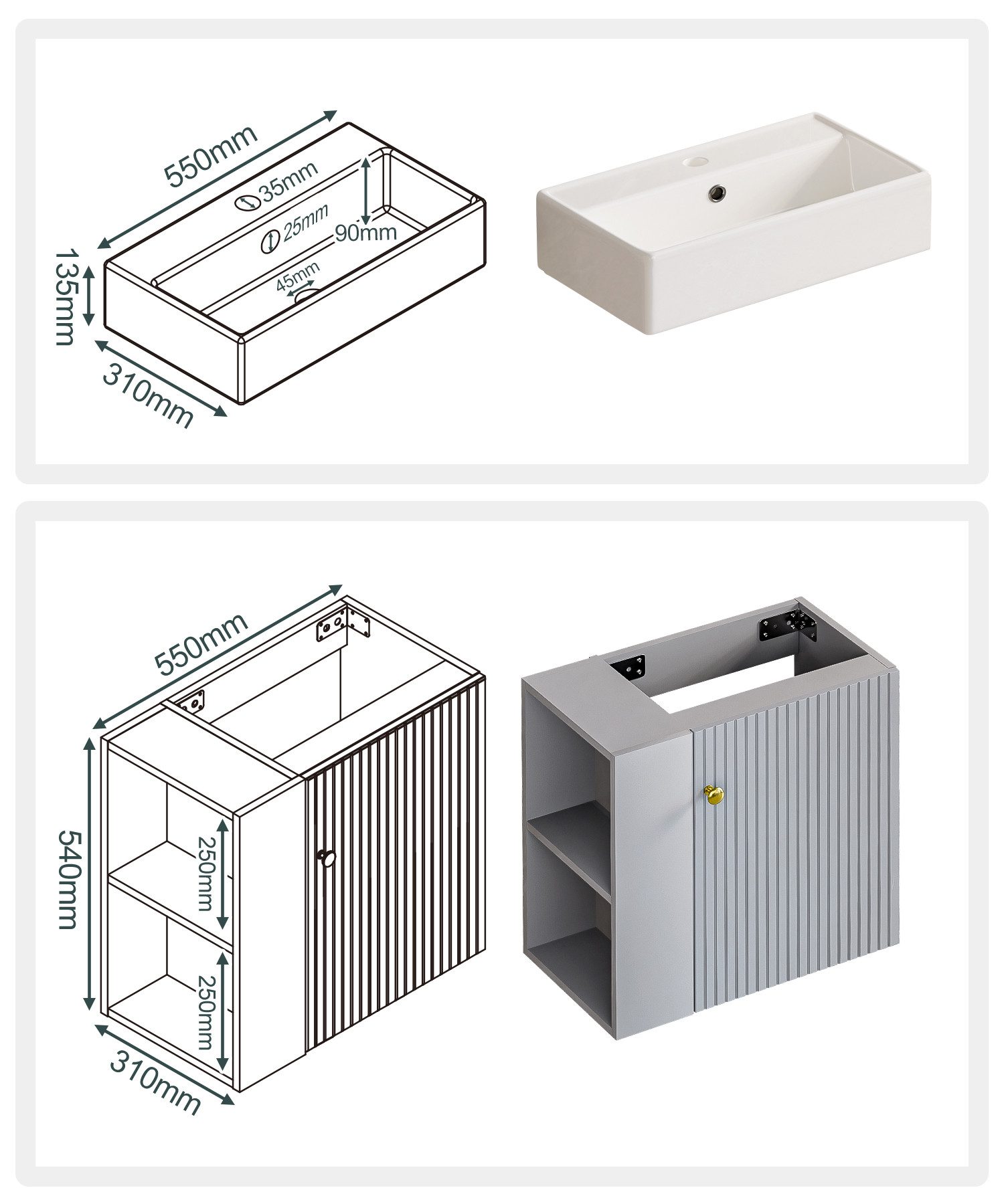 Yorbay Waschtisch Badmöbel Waschtischunterschrank (Breite 55 cm, Badschrank mit Waschbecken), Waschbecken mit Waschtisch für kleine Badezimmer – Bild 5 von 5