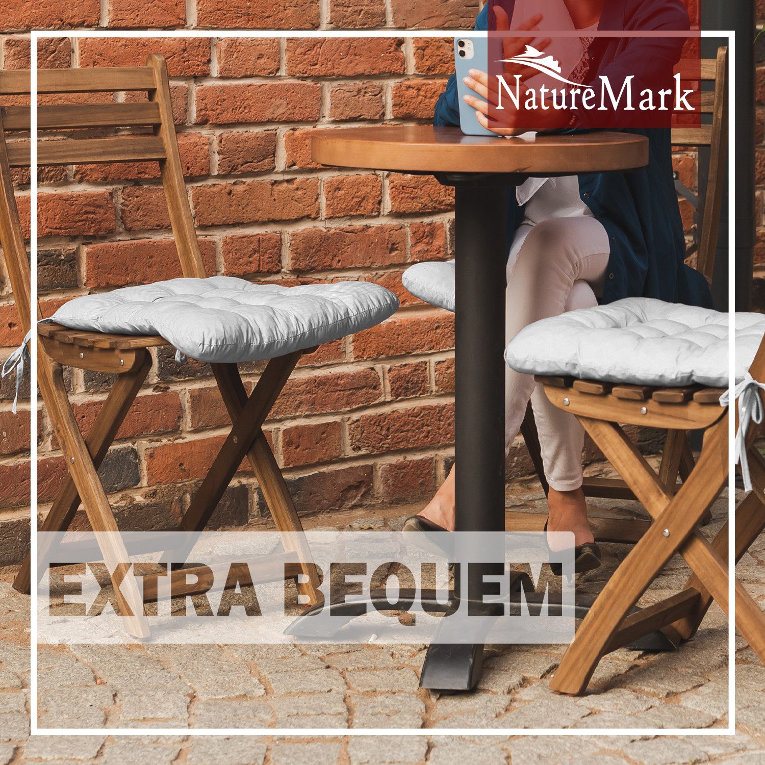 NatureMark Sitzkissen 4er-Set Stuhlkissen 40x40cm mit Bändern, Sitzpolster Kissen 4er Pack, schadstoffgeprüft, Weiß