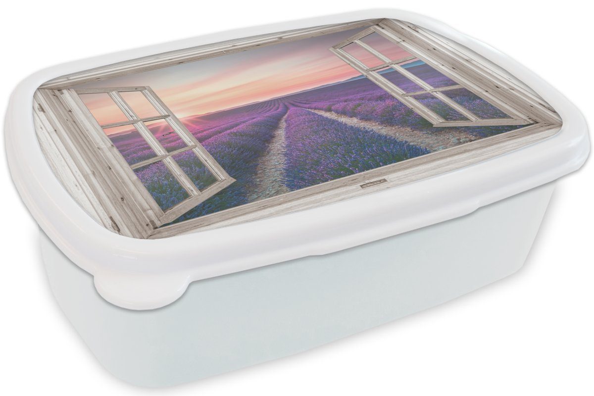 Lavendel Erwachsene, (2-tlg), Brotdose, - und für Sonnenuntergang Holz und - - Kinder - Mädchen MuchoWow Lunchbox weiß Durchsichtig für Lila, Brotbox Jungs - Blumen Kunststoff,