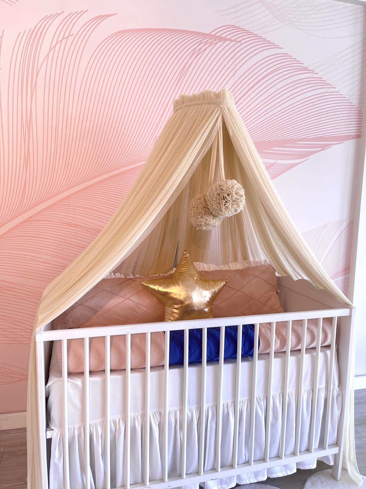 Luifel voor babybed van tule voor babybed, prinsessenbed, muggennet, kamerdecoratie, kinderkamer, 165 cm lang, met pompons, taupe (nude
