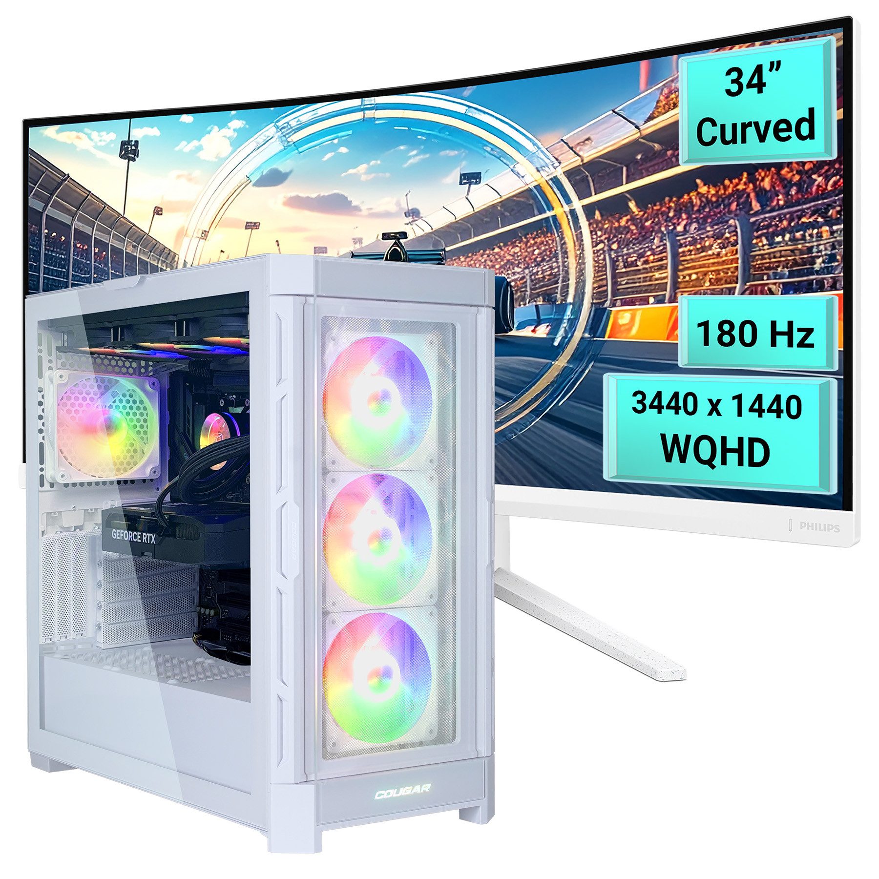 Cougar DUOFACE PRO WT SET2667 AMD Ryzen 7 9700X RTX 5070Ti 32GB DDR5 1TB SSD Gaming-PC-Komplettsystem (34", AMD Ryzen 7 9700X, RTX 5070 Ti, 32 GB RAM, 1000 GB SSD, Windows 11, DDR5 RAM + PHILIPS 34" Curved Gaming Monitor)