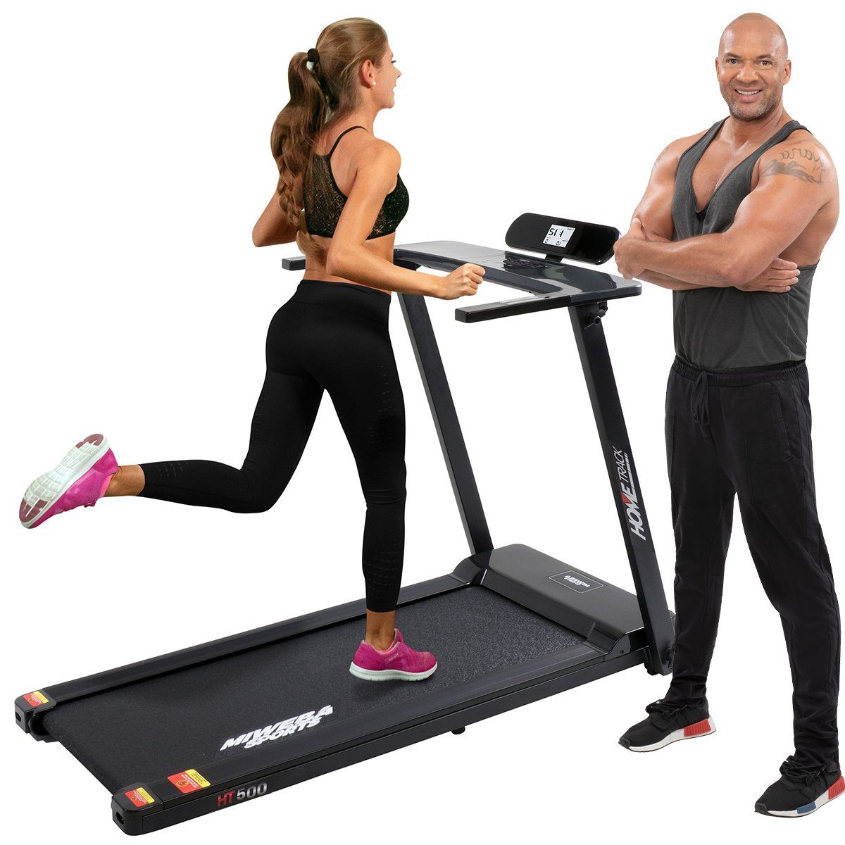 Miweba Sports Laufband Profi Sportgerät HT500 - 14 km/h – Ultra Leicht - klappbar (Treadmill, Trainingsgerät, Heimtrainer, Speedrunner, Fitness, Workout, 1-tlg., 120 kg Traglast, 12 Laufprogramme, Handy/-Tablethalter, LCD-Display, Pulssensor, Safety-Key mit Klemme, 1.000 Watt DC-Motor, extra große Lauffläche, Transportrollen), Fitnessgeräte Sportgeräte für Zuhause elektrisch & klappbar Schwarz