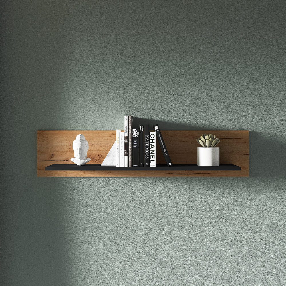 Lomadox Wandregal URBANIA-131, Wandboard Regal Regalbrett 110 cm breit modern in Eiche und schwarz