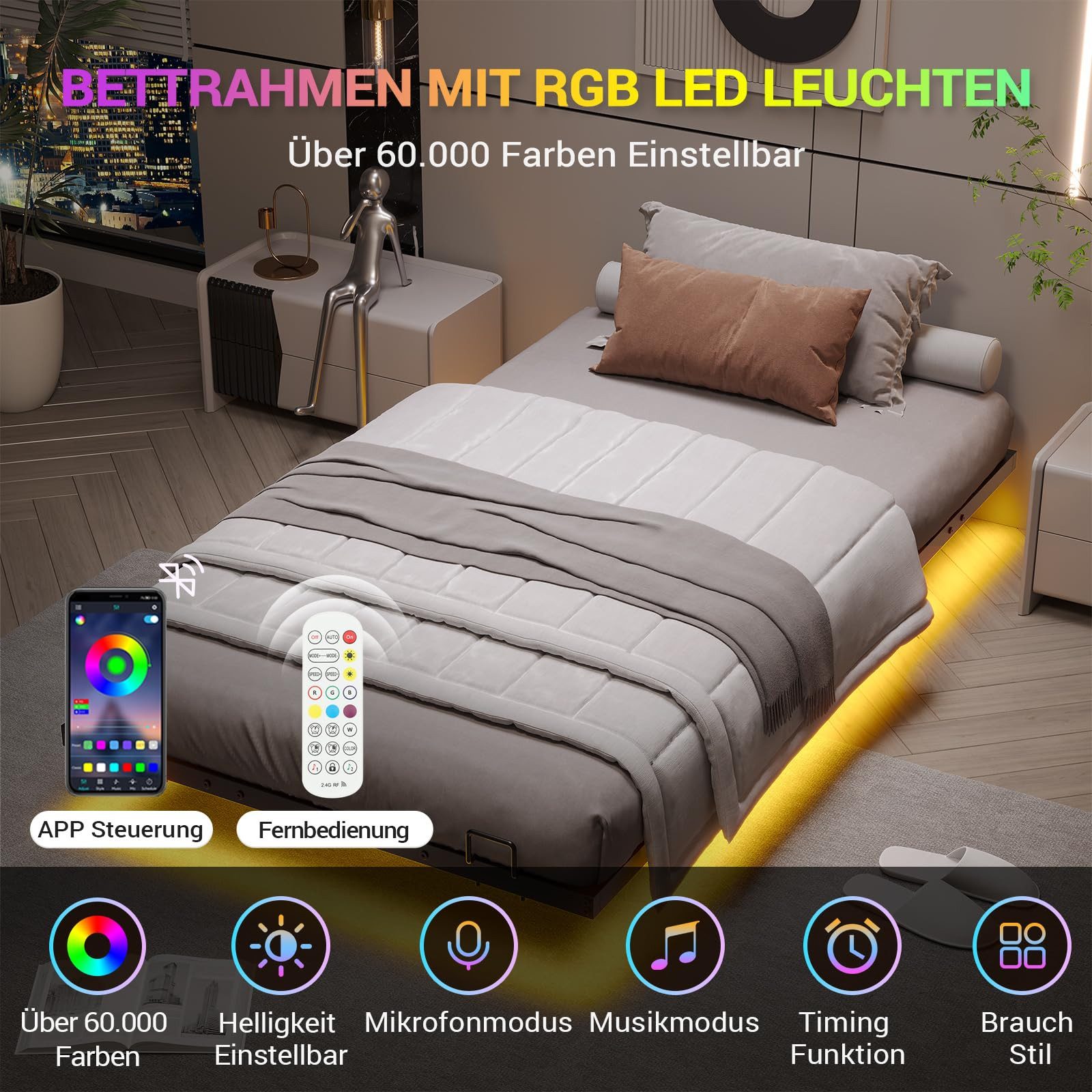 MSMASK Metallbett Schwebebett Bettgestell mit LED-Beleuchtung (Ohne Matratze), 90x200cm