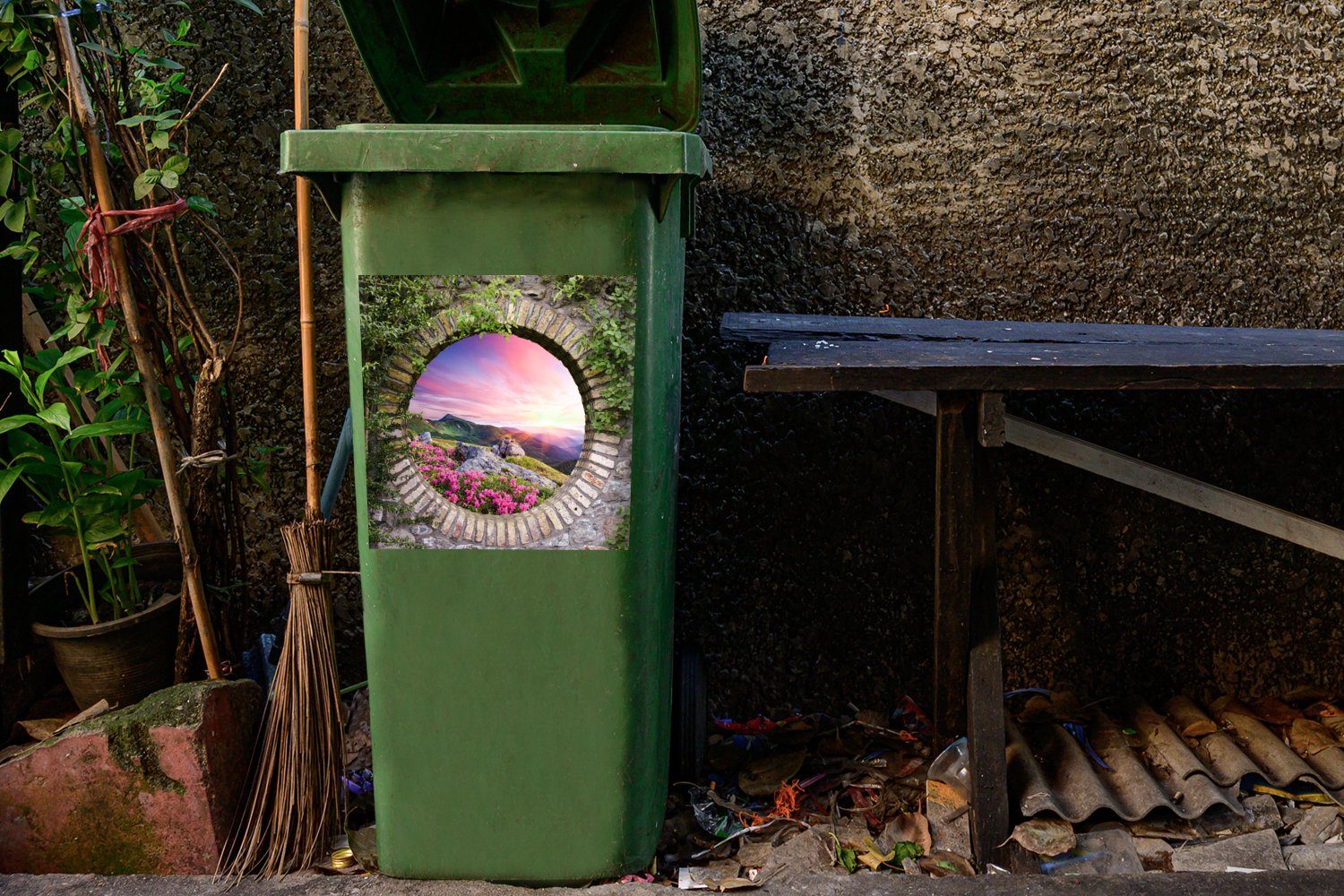 Mülltonne, Blumen - Landschaft Container, Sticker, (1 - St), Berg Abfalbehälter - Mülleimer-aufkleber, Aussicht Wandsticker MuchoWow