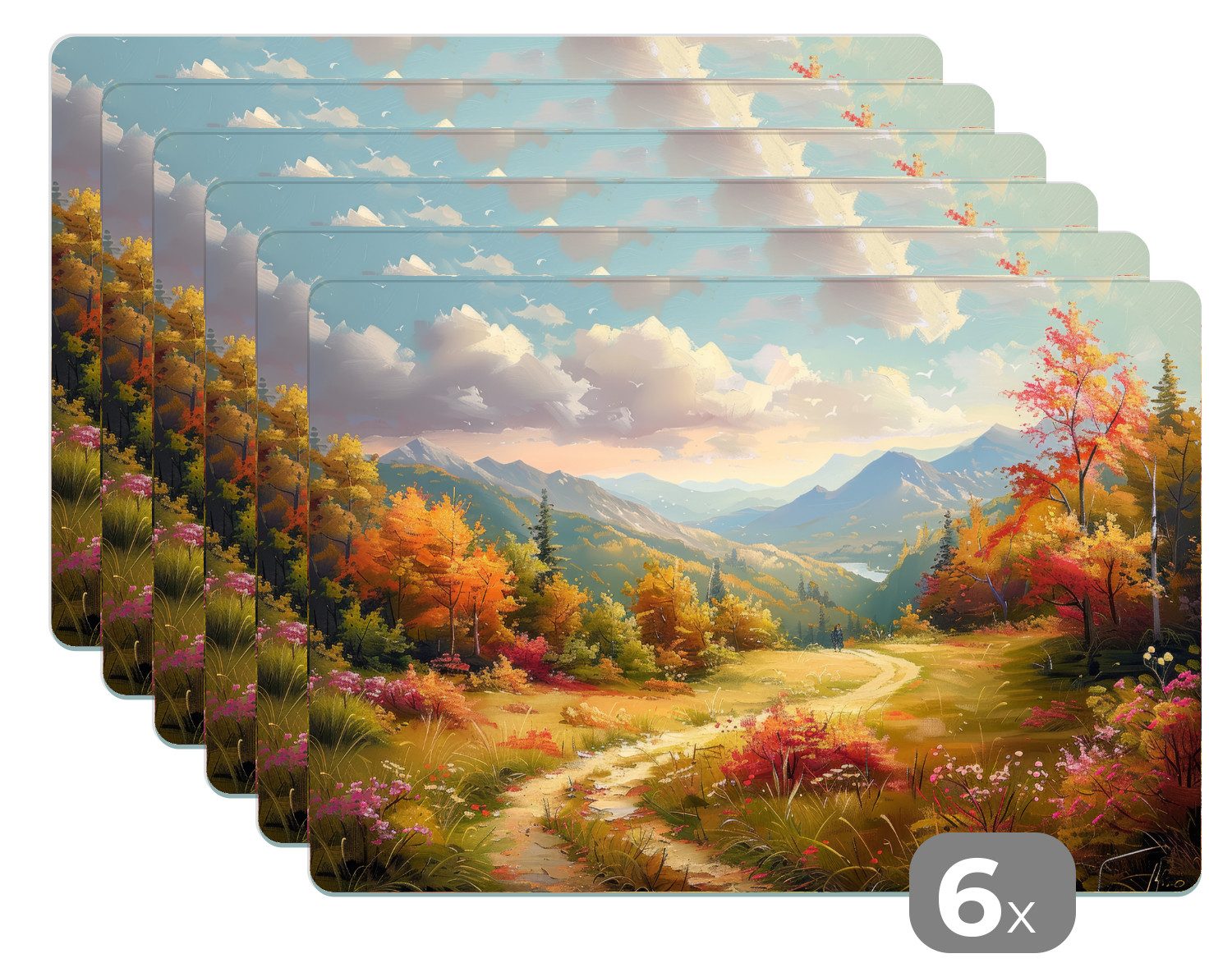 MuchoWow Platzset Landschaft - Illustration - Natur, (6-St), Platzsets, Tischset, Abwaschbar, Tischsets, Platzdeckchen