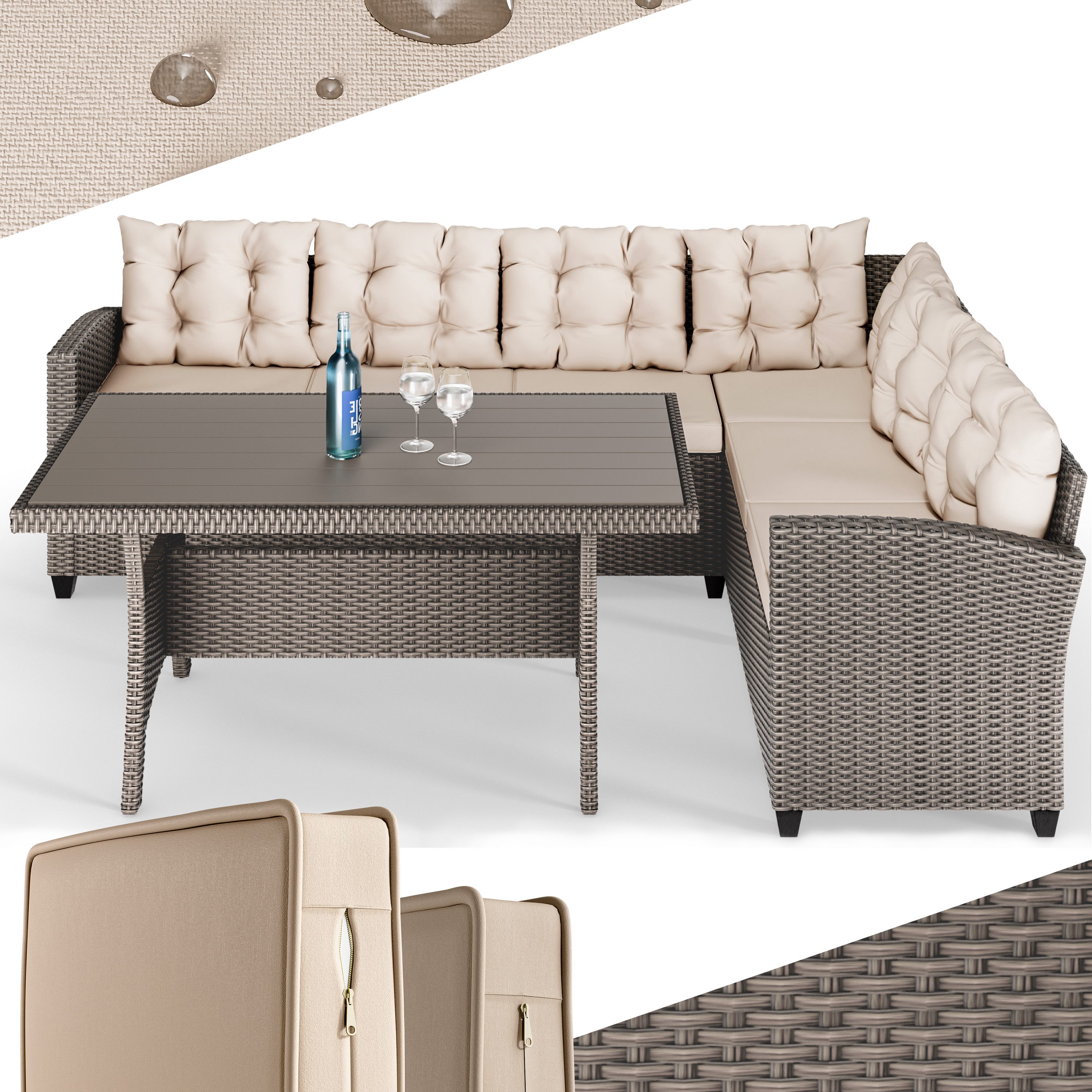 Casaria Gartenlounge-Set Lissabon, Polyrattan WPC Esstisch Eckbank 15cm Kissen 7cm Auflagen Wetterfest