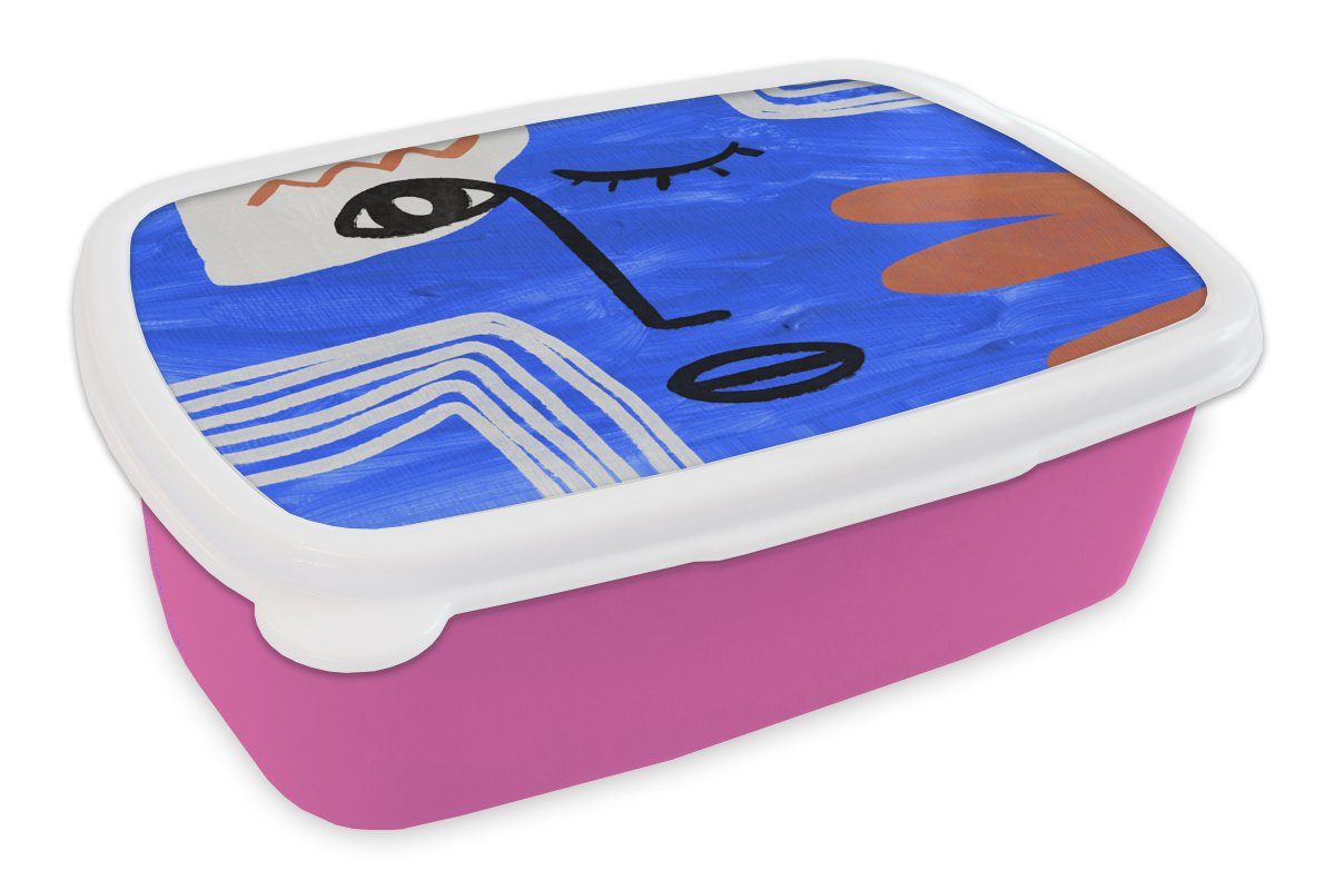 MuchoWow Lunchbox Gesicht - Blau - Abstrakt, Kunststoff, (2-tlg), Brotbox für Erwachsene, Brotdose Kinder, Snackbox, Mädchen, Kunststoff rosa