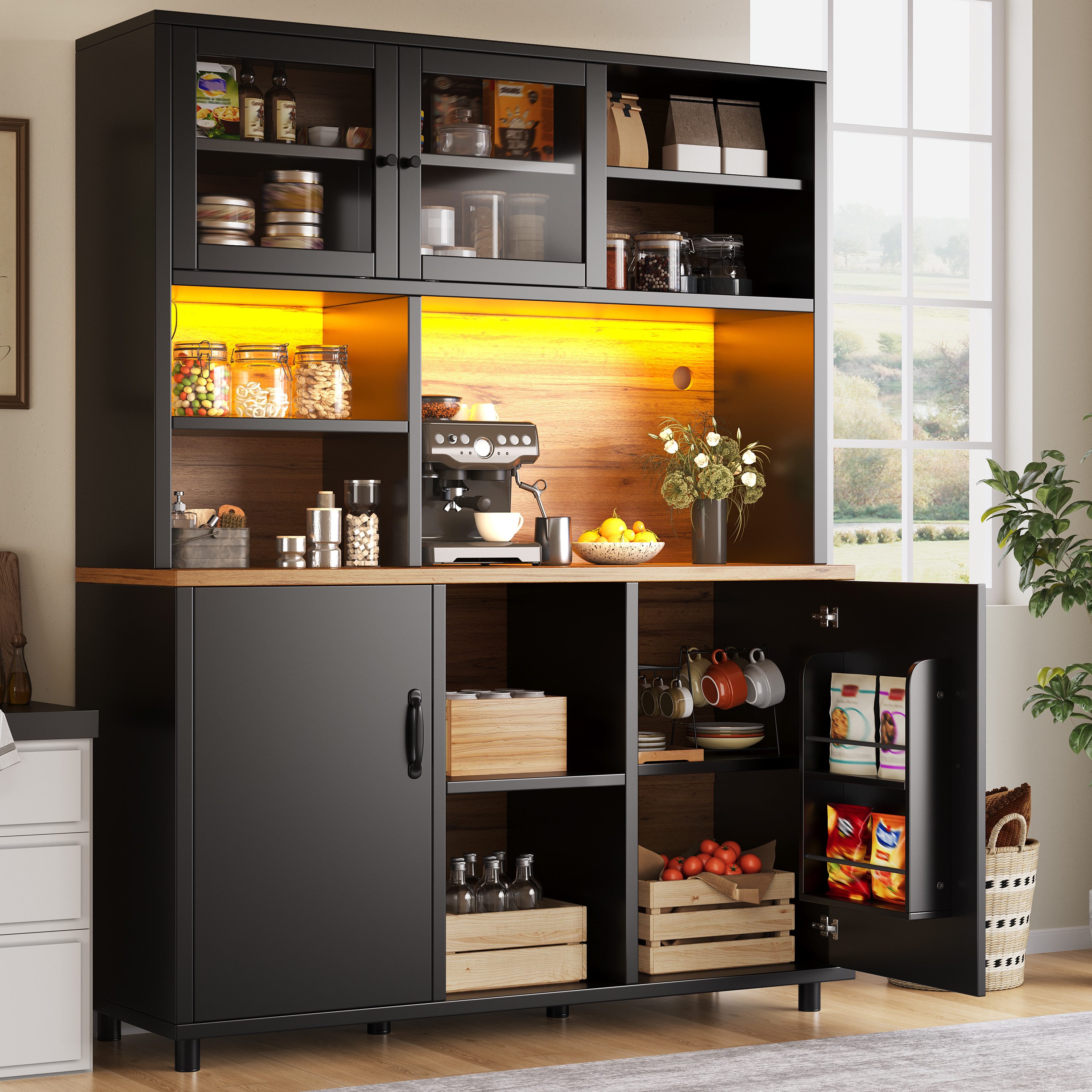 Flieks Küchenbuffet mit LED-Beleuchtung, Glas-Schiebetüren und Türregalen (1-St., B140/T40/H185 cm) Hochschrank Küchenschrank Geschirrschrank mit verstellbare Ablagen