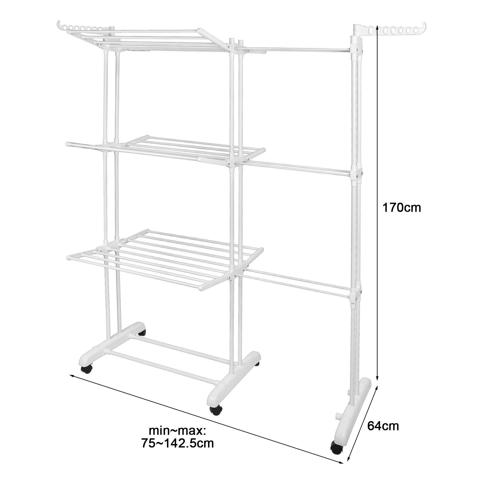 JEOBEST Wäscheständer Turm Ausziehbar wäschetrockner, Standtrockner Länge 75-142 cm, Trockengestell Trockenständer mit 6 klappbaren Flügeln,6 Rollen