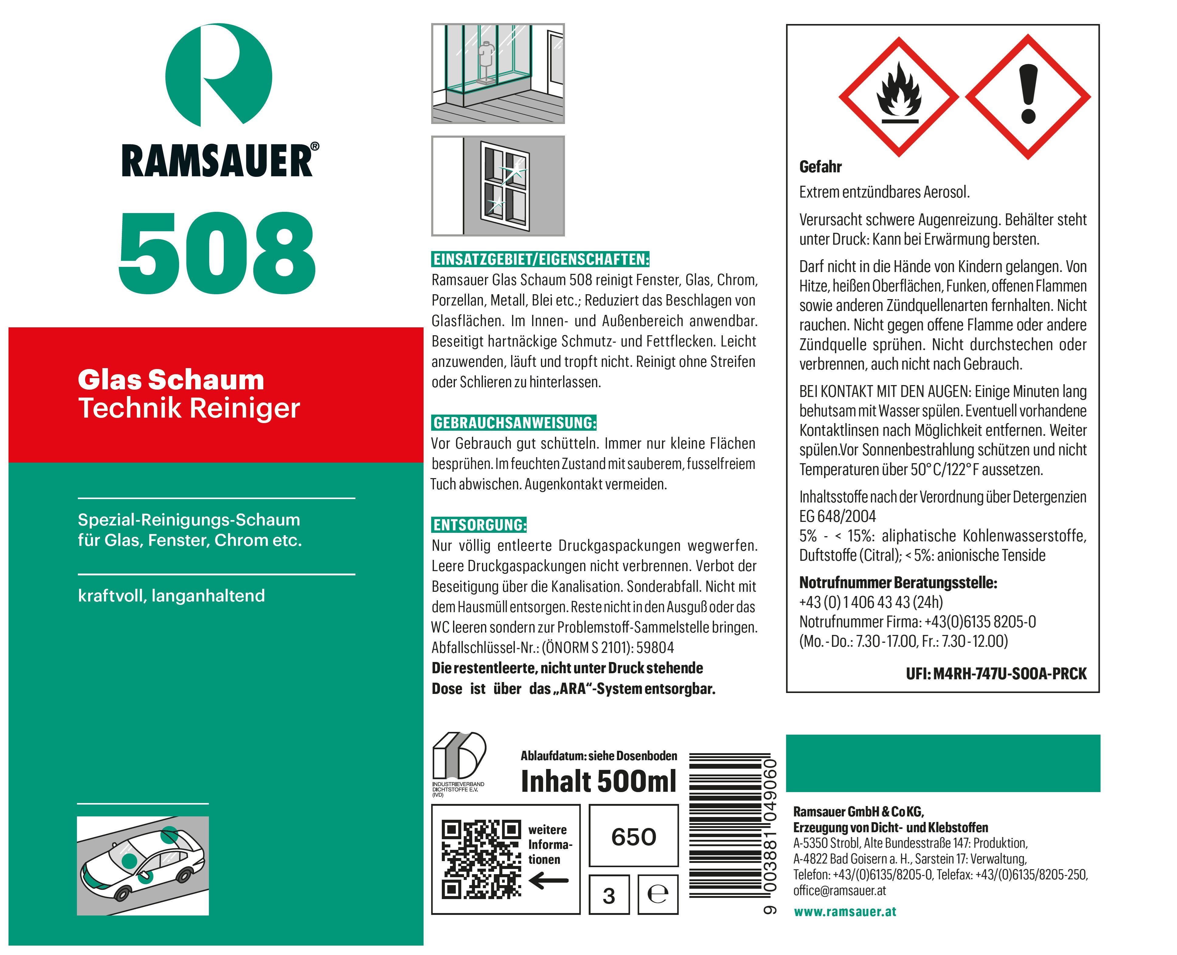 Ramsauer Ramsauer Glas Scheiben Schaum Reiniger 508 500ml Spraydose Reinigungsspray (silikonfrei)