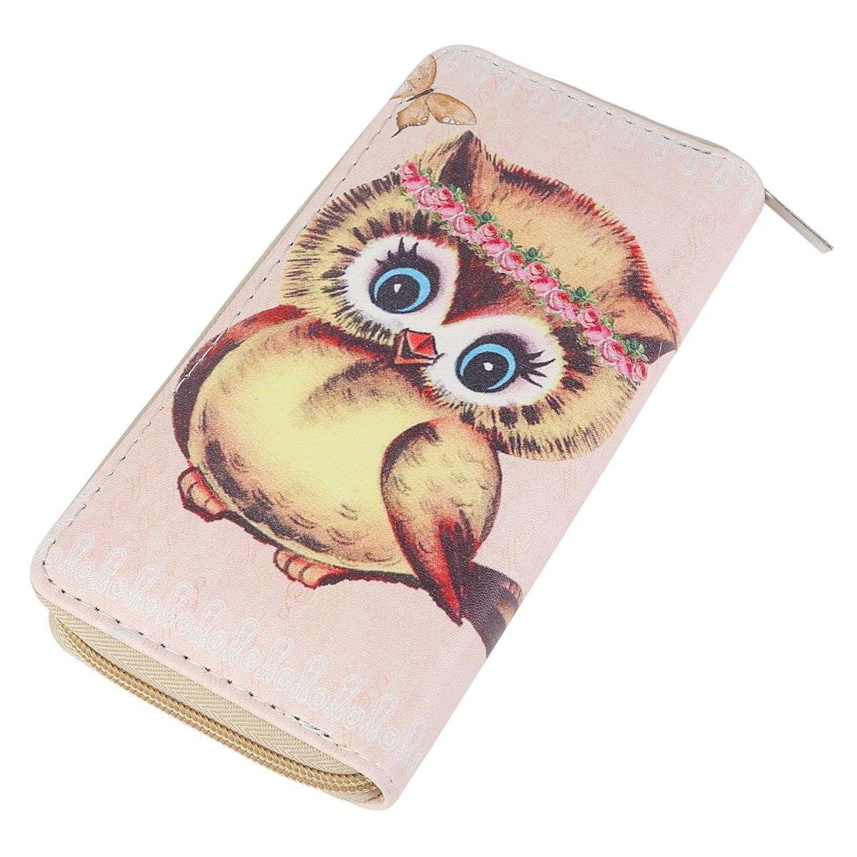 DonDon Geldbörse Geldbeutel Portemonnaie Eulen (Packung, 1-tlg), Geldbörse für Damen und Mädchen, süße Eulenmotive, mit Reißverschluss