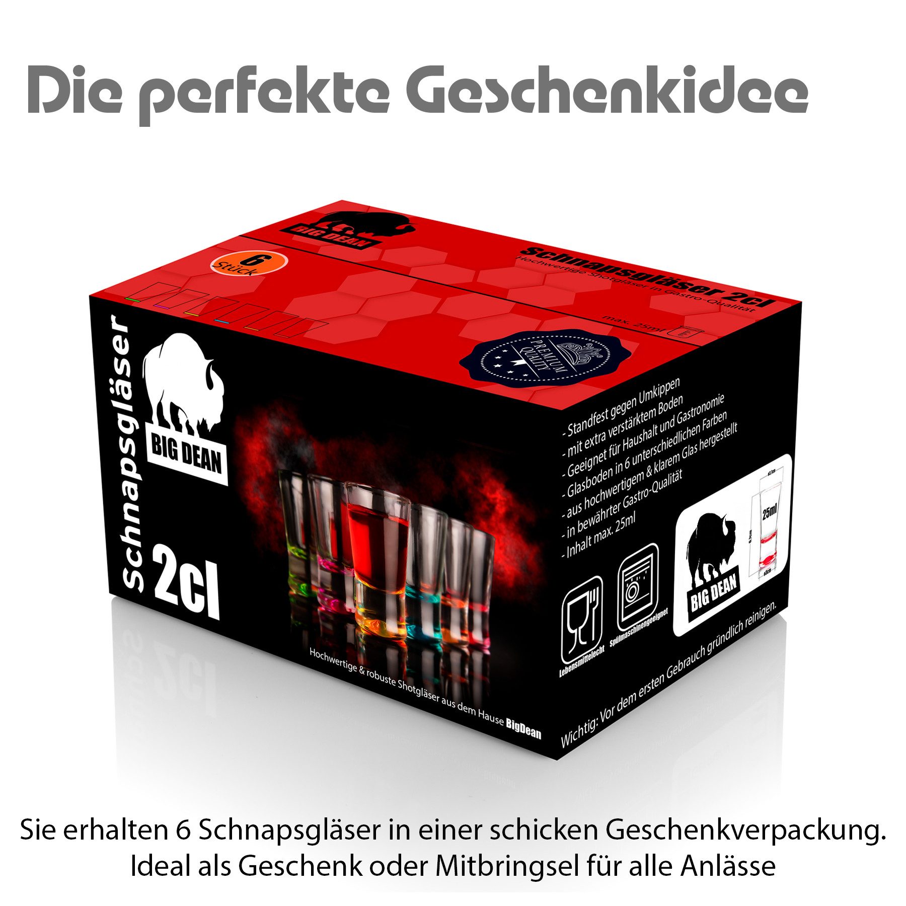 BigDean Schnapsglas 2cl in Geschenkbox – hochwertige Shotgläser lebensmittelecht, 6-tlg., Glas, Robustes Glas, Langlebige Qualität, Elegante Form, Vielseitig.