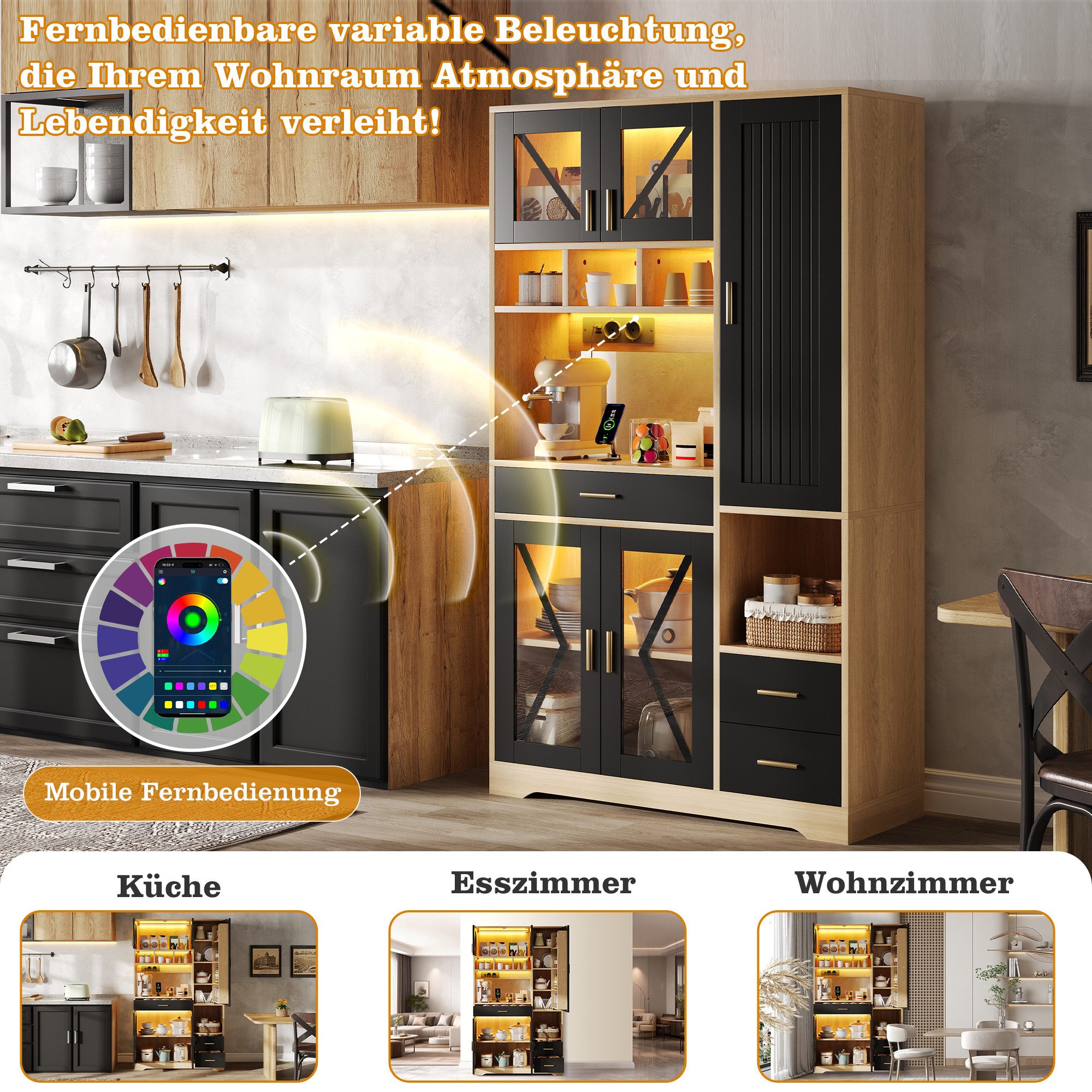 Celya Hochschrank Küchenschrank, hoher Aufbewahrungs- und Vitrinenschrank (mit 3 Schubladen, LED-Beleuchtung und Steckdosen) ideal für Küche, Esszimmer oder Wohnzimmer