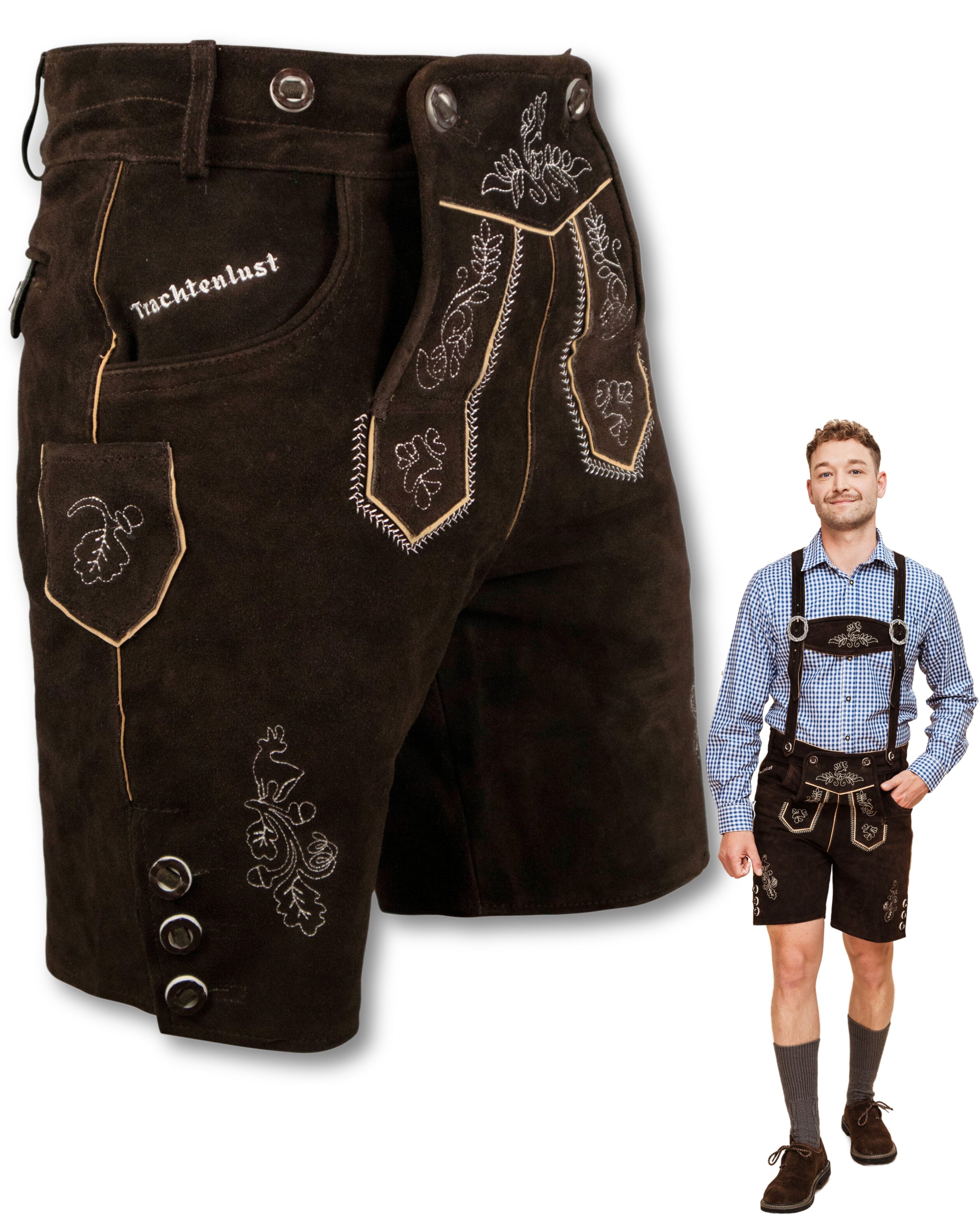 HOFGLANZ Trachtenlederhose Herren Lederhose, traditionelle Trachtenhose in Hellbraun, Dunkelbraun