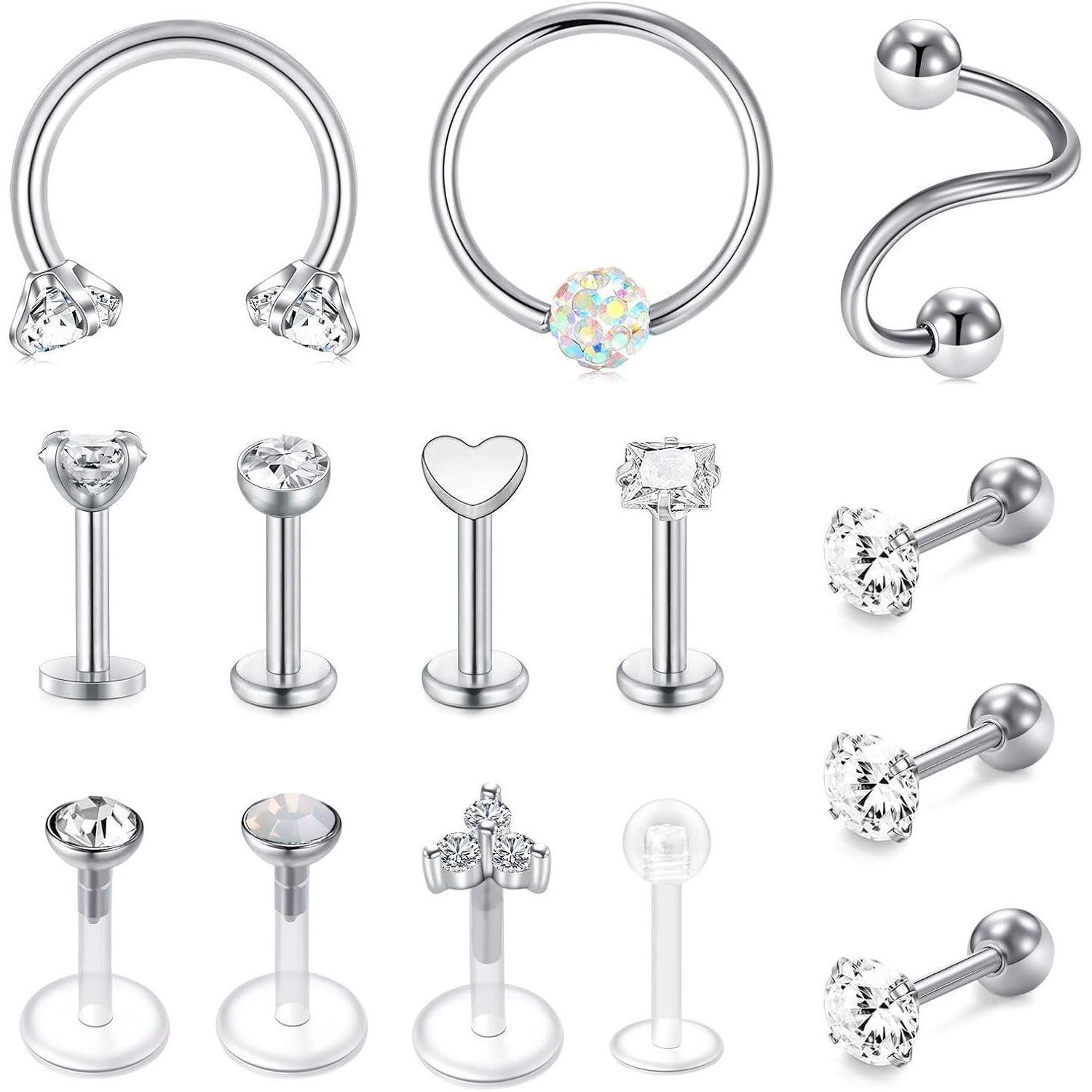LuxusKollektion Piercing-Set Ohrpiercing Tragus Helix Labret Chirurgenstahl 16G 14stk Silber Set-3