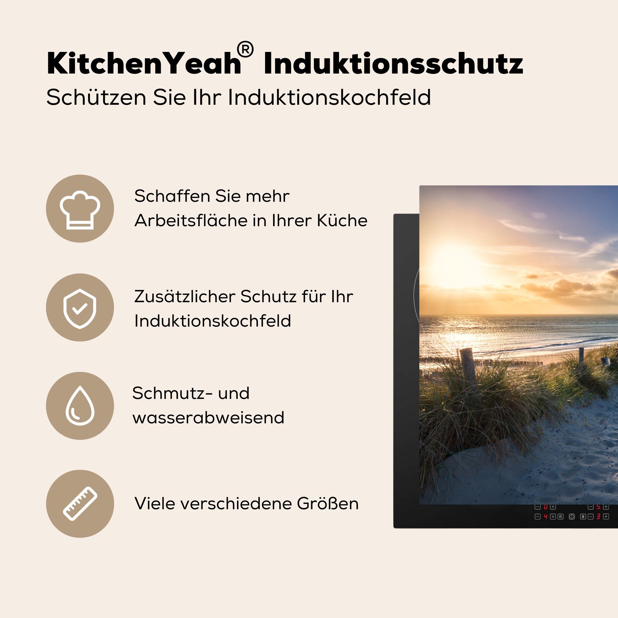 - Sonnenuntergang cm, Strand Vinyl, Induktionskochfeld Schutz - - - 81x52 Düne (1 Bank, Herdblende-/Abdeckplatte tlg), Ceranfeldabdeckung die küche, für MuchoWow Gras