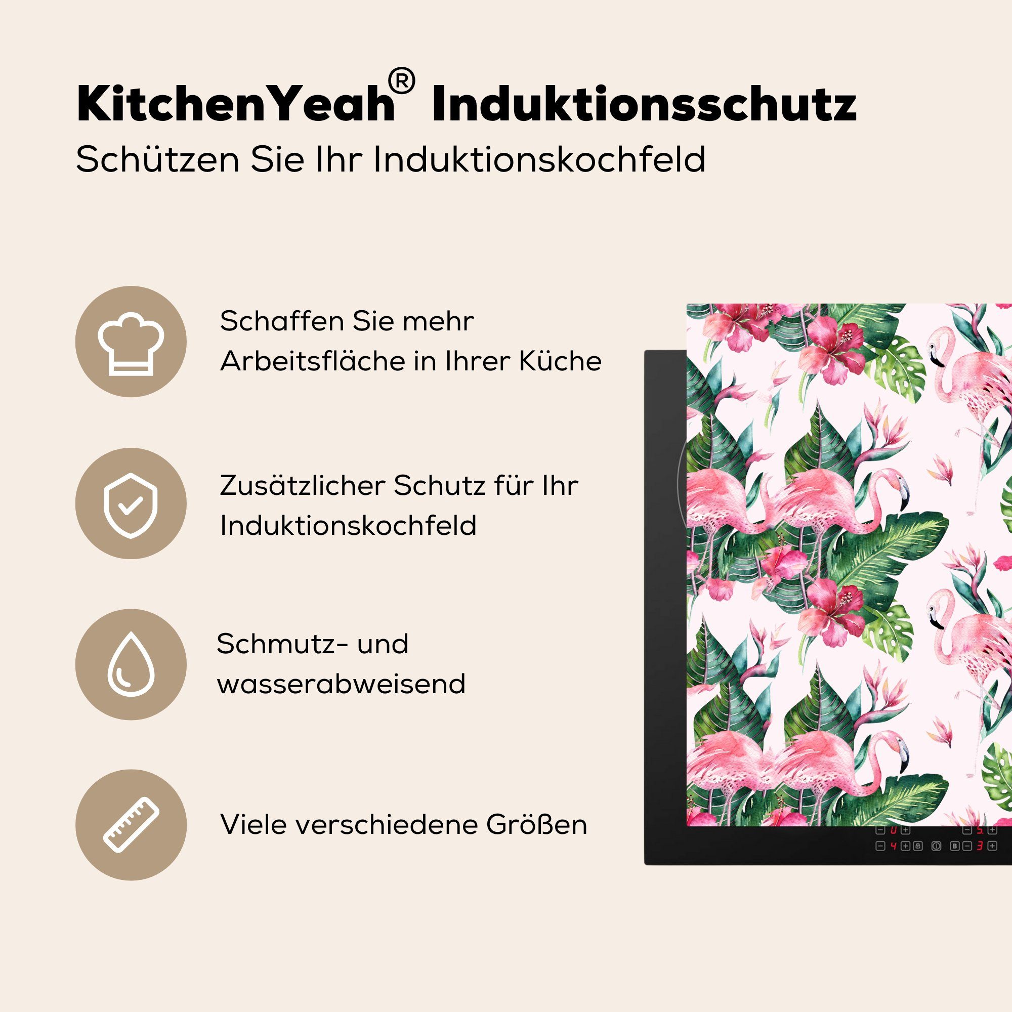 MuchoWow Herdblende-/Abdeckplatte Vinyl, - cm, (1 Arbeitsplatte Muster, Ceranfeldabdeckung, tlg), küche Blumen 78x78 - Flamingo für Blätter 