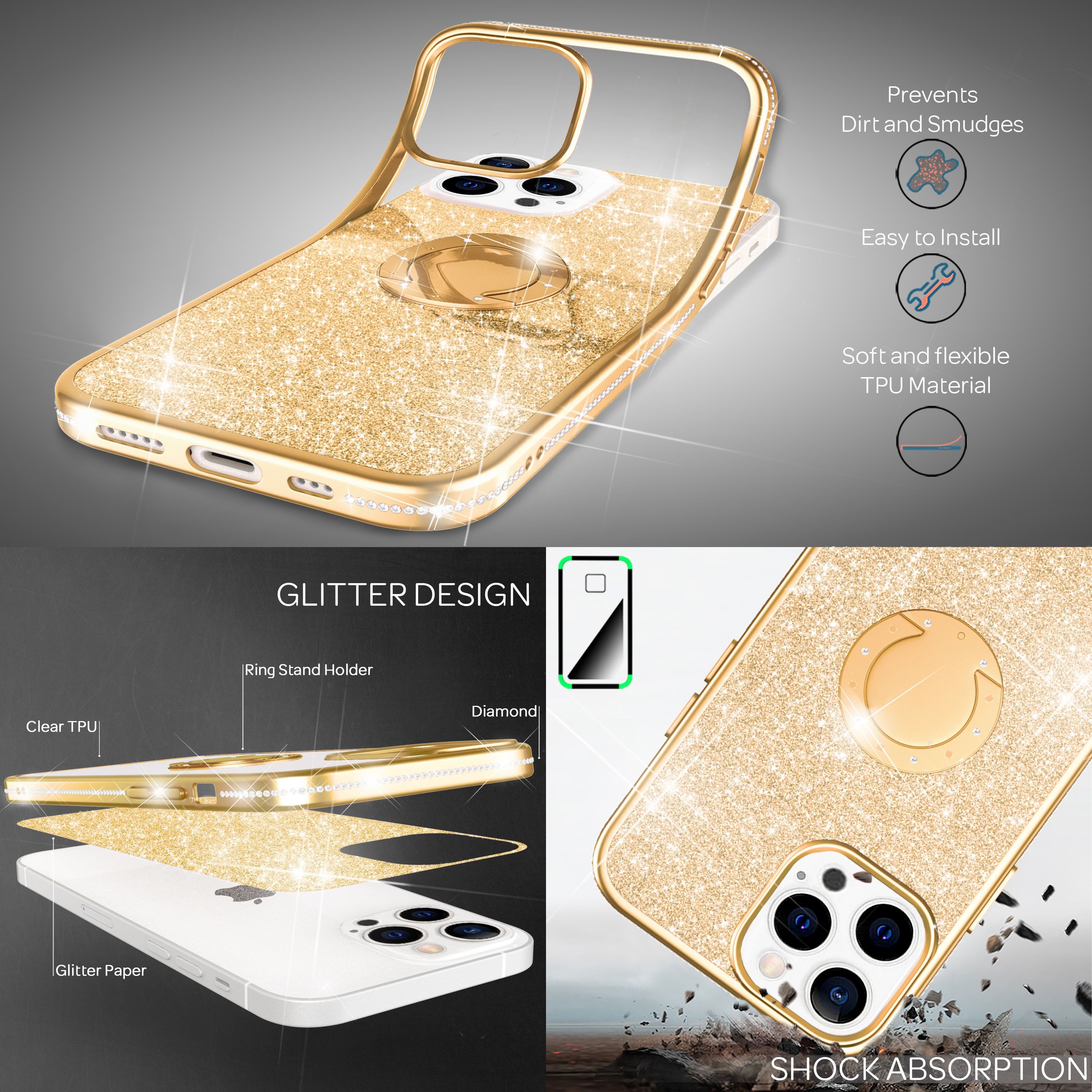 Nalia Smartphone-Hülle Apple iPhone 13 Pro 15,5 cm (6,1 Zoll), Glitzer Ring Silikon Hülle / 360 Grad Finger-Halter / Standfunktion