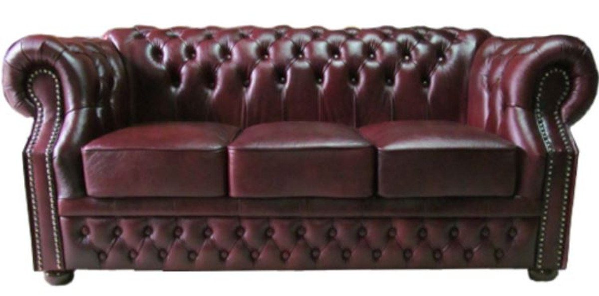 Casa Padrino 3-Sitzer Luxus Echtleder 3er Sofa Dunkelrot 210 x 90 x H. 80 cm - Chesterfield Sofa